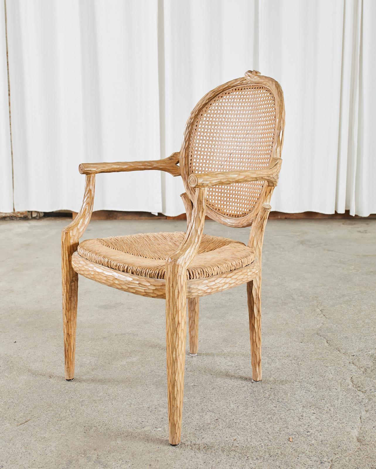 Hollywood Regency Set of Six French Faux Bois Cane Rush Dining Armchairs