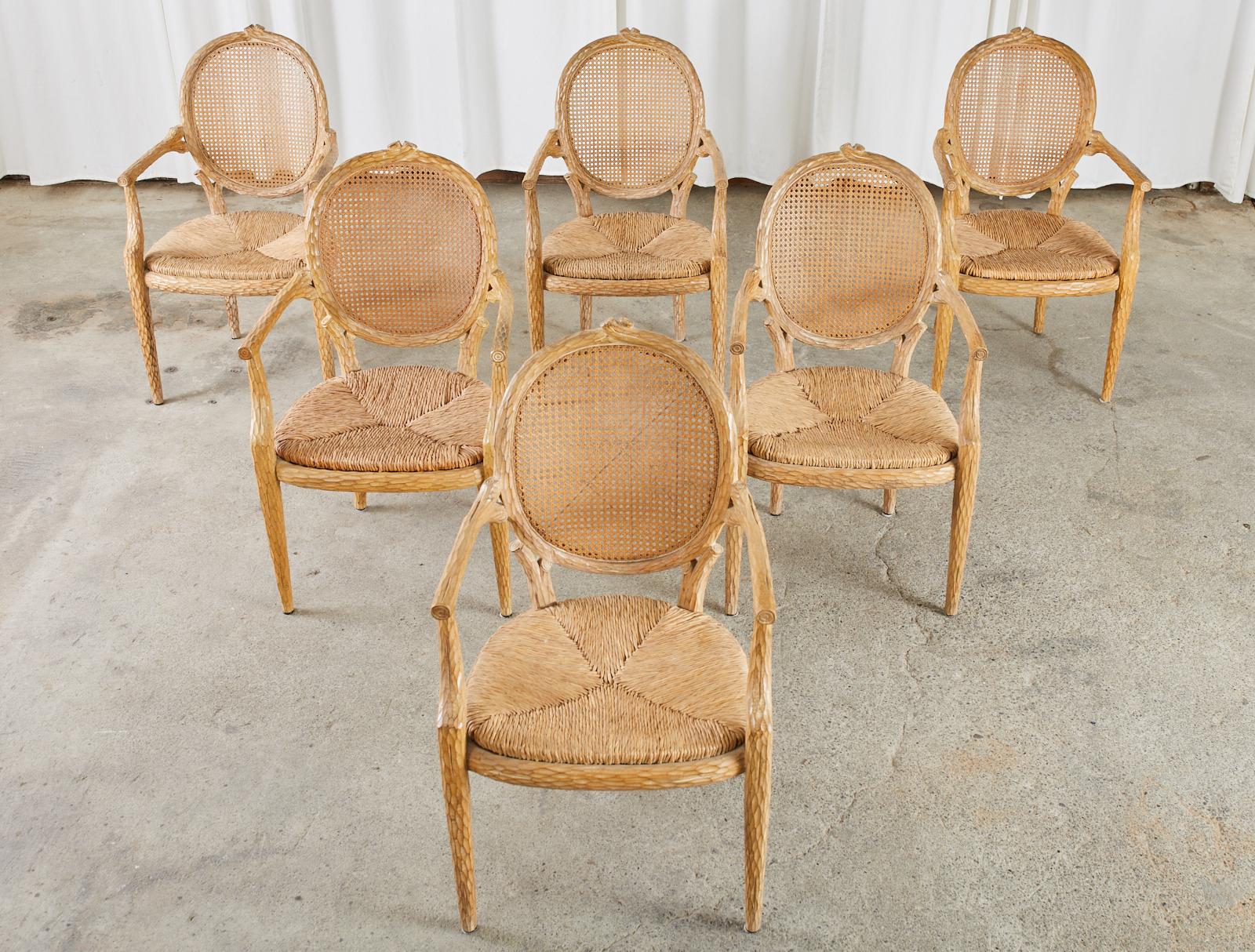 Hand-Crafted Set of Six French Faux Bois Cane Rush Dining Armchairs