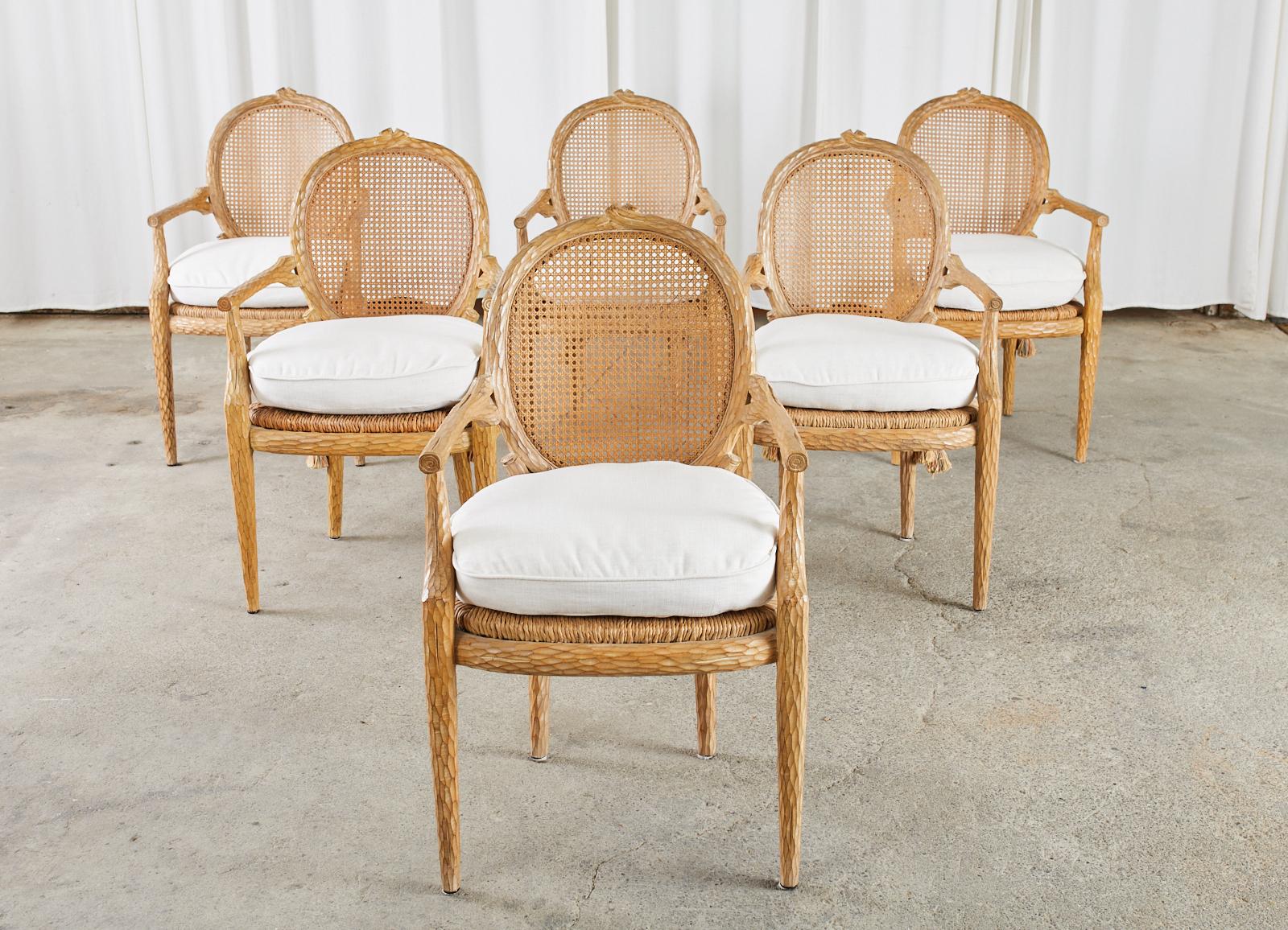 Set of Six French Faux Bois Cane Rush Dining Armchairs In Good Condition In Rio Vista, CA