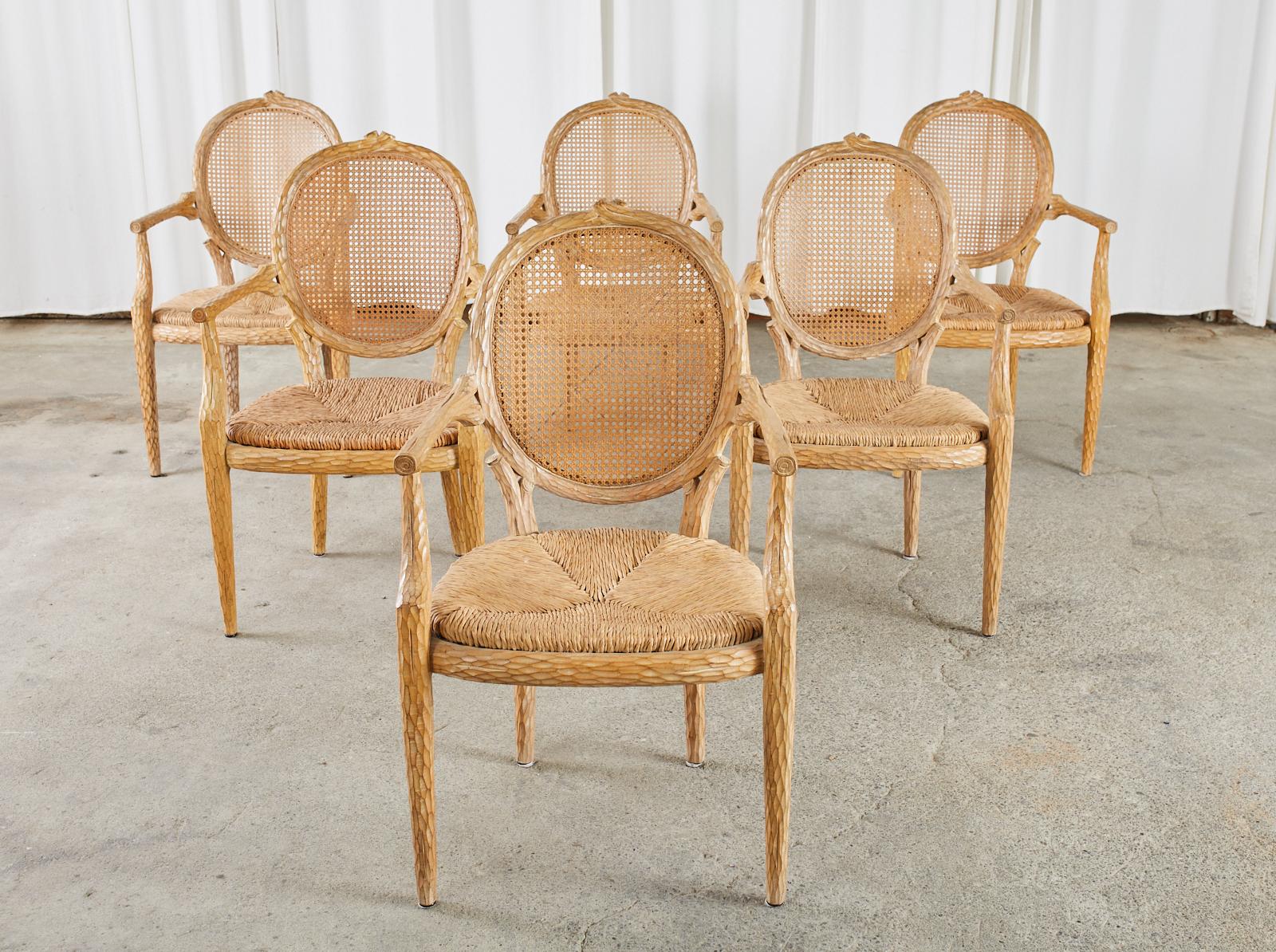 Set of Six French Faux Bois Cane Rush Dining Armchairs 1