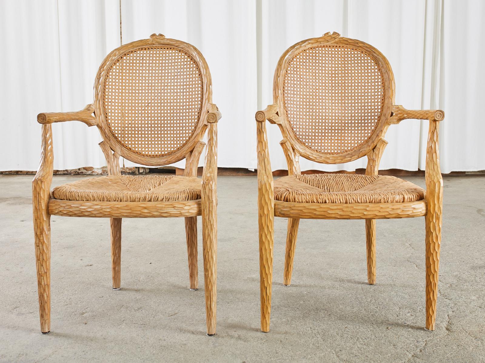 Set of Six French Faux Bois Cane Rush Dining Armchairs 2