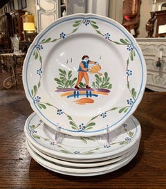 Set of Six French Hand Painted Ceramic Decorative Plates from Brittany
