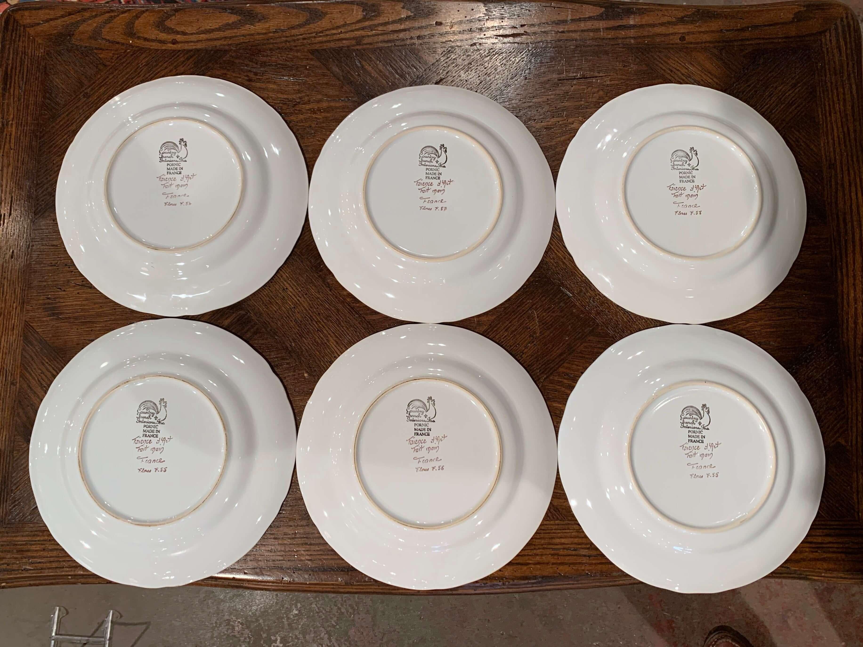 Set of Six French Hand Painted Ceramic Floral Plates from Brittany For Sale 5