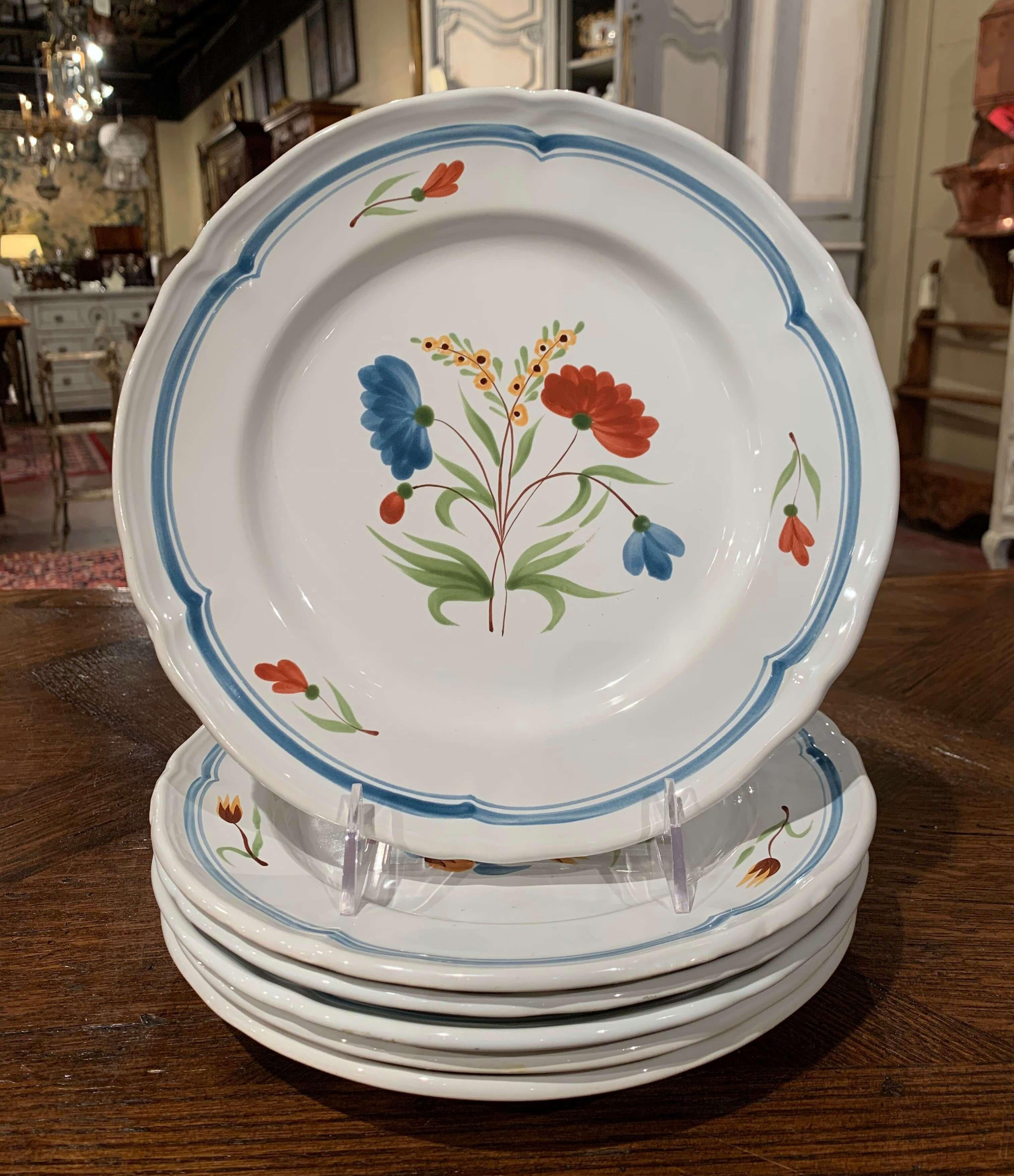 Set of Six French Hand Painted Ceramic Floral Plates from Brittany For Sale 7