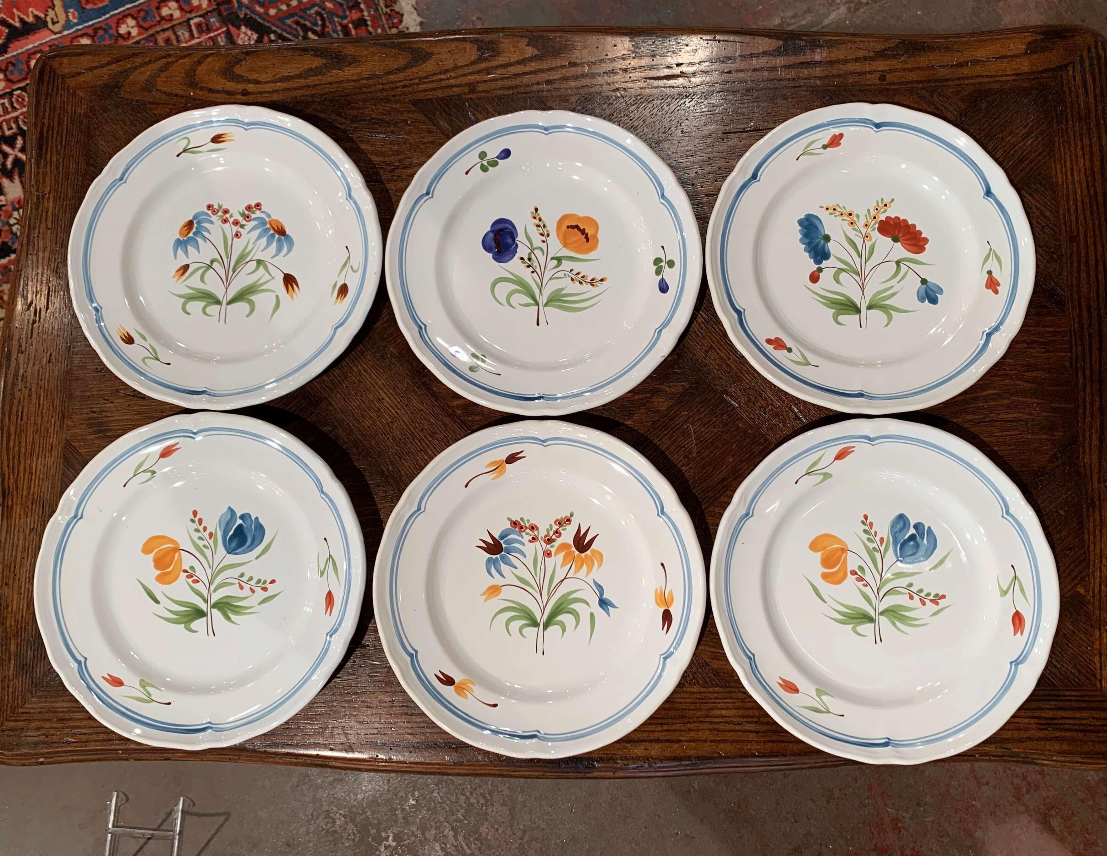 Set of Six French Hand Painted Ceramic Floral Plates from Brittany In Excellent Condition For Sale In Dallas, TX