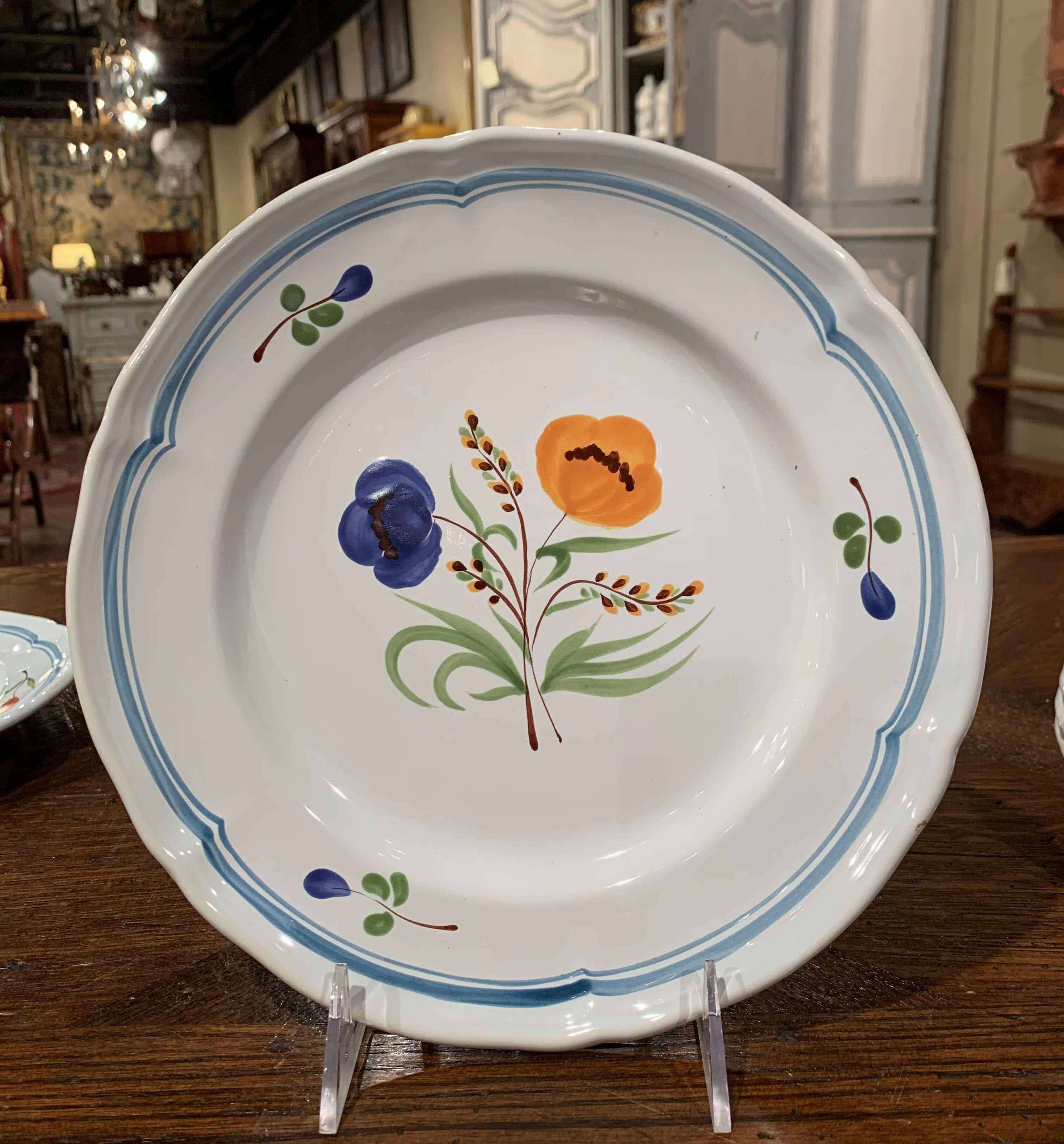 Contemporary Set of Six French Hand Painted Ceramic Floral Plates from Brittany For Sale