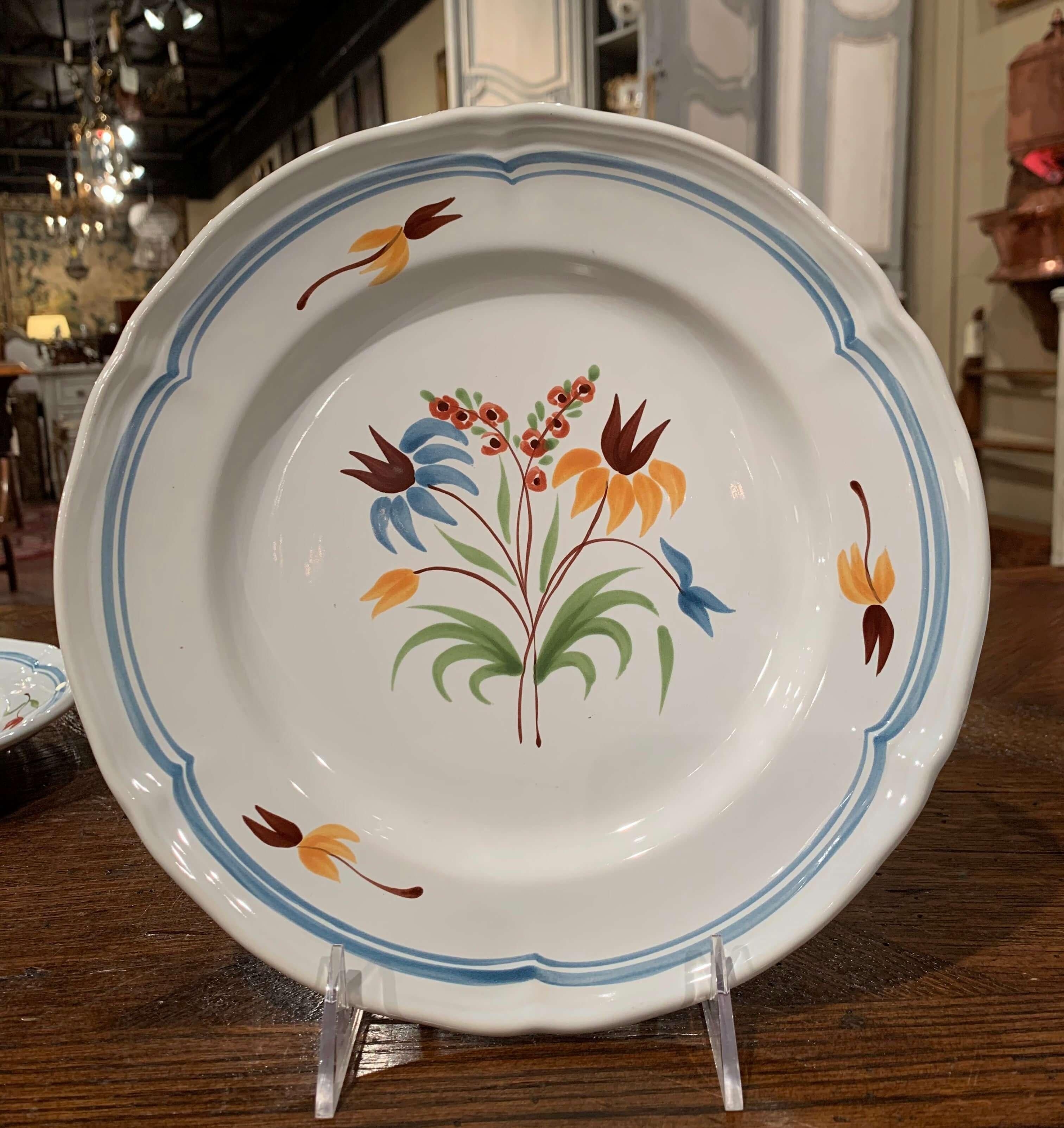 Set of Six French Hand Painted Ceramic Floral Plates from Brittany For Sale 1