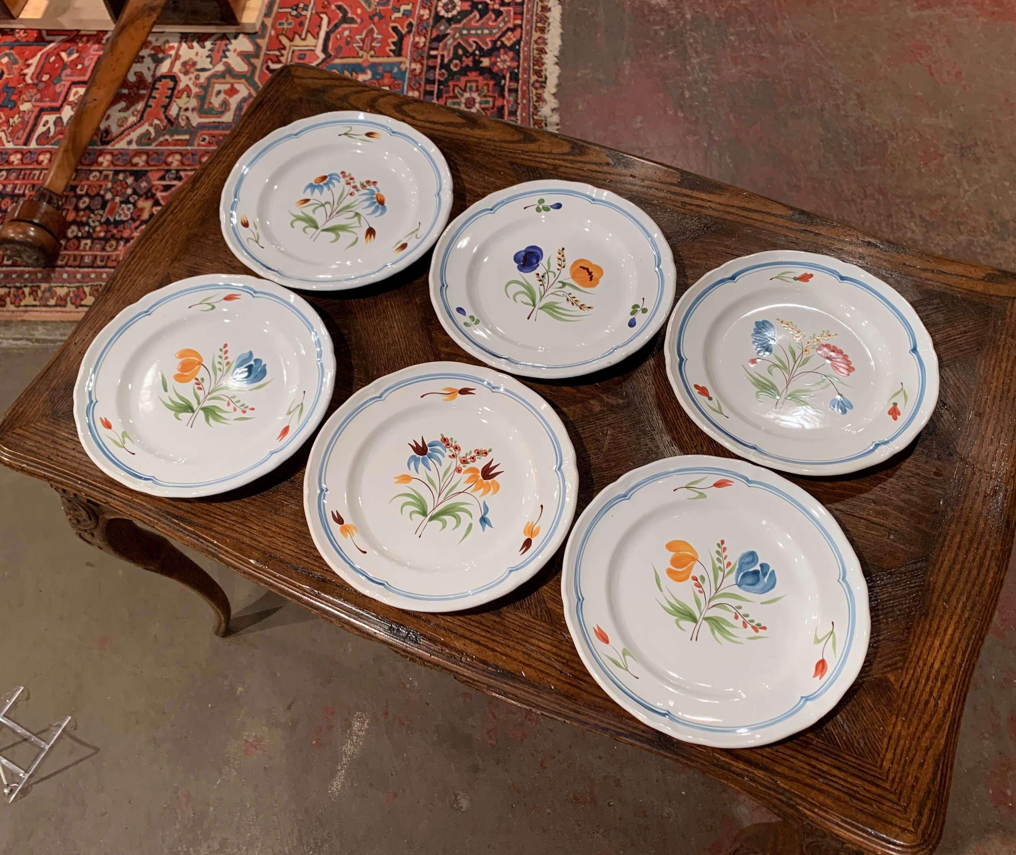 Set of Six French Hand Painted Ceramic Floral Plates from Brittany For Sale 3
