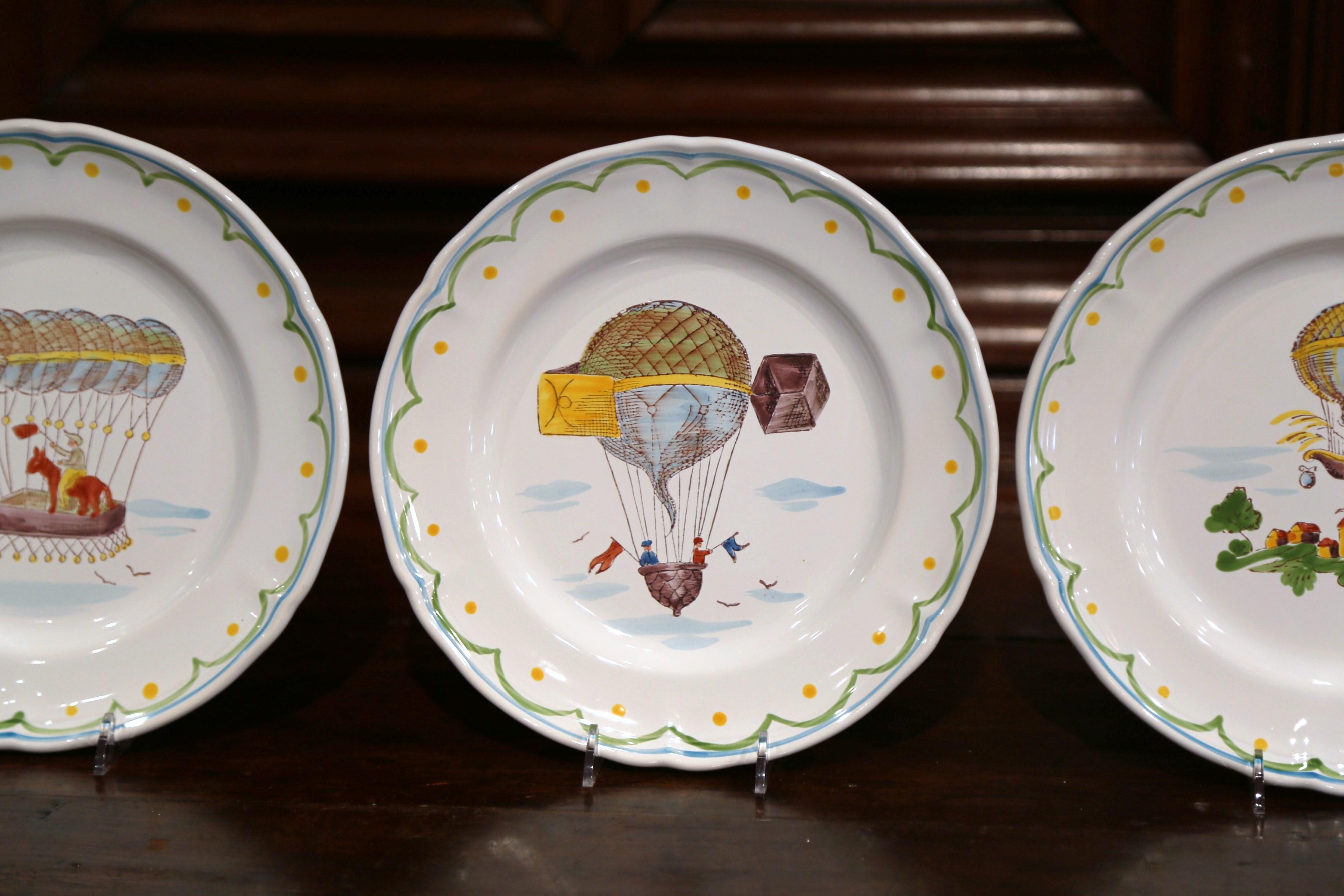 Set of Six French Hand-Painted Ceramic Hot Air Balloon Plates from Brittany 4