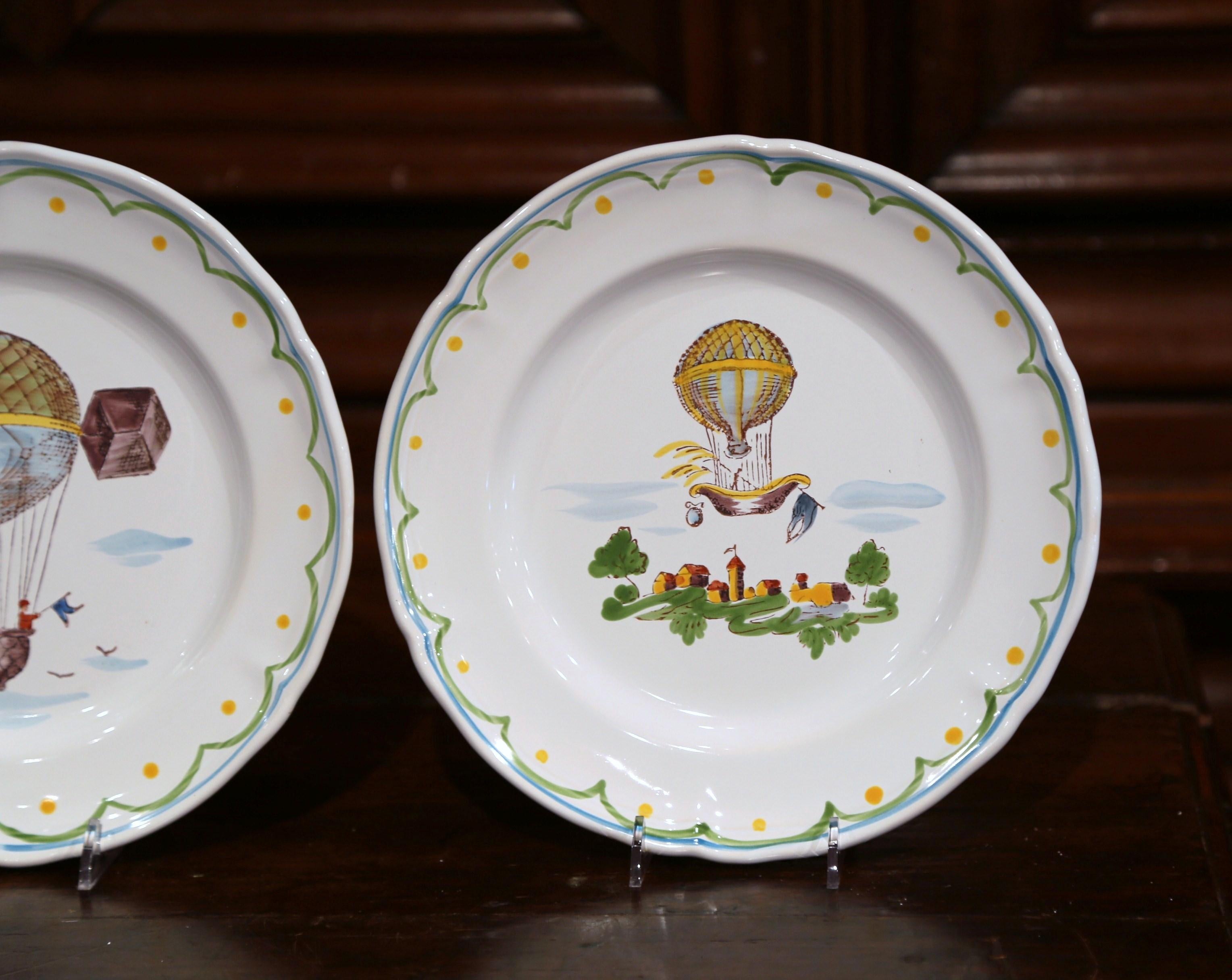 Set of Six French Hand-Painted Ceramic Hot Air Balloon Plates from Brittany 5