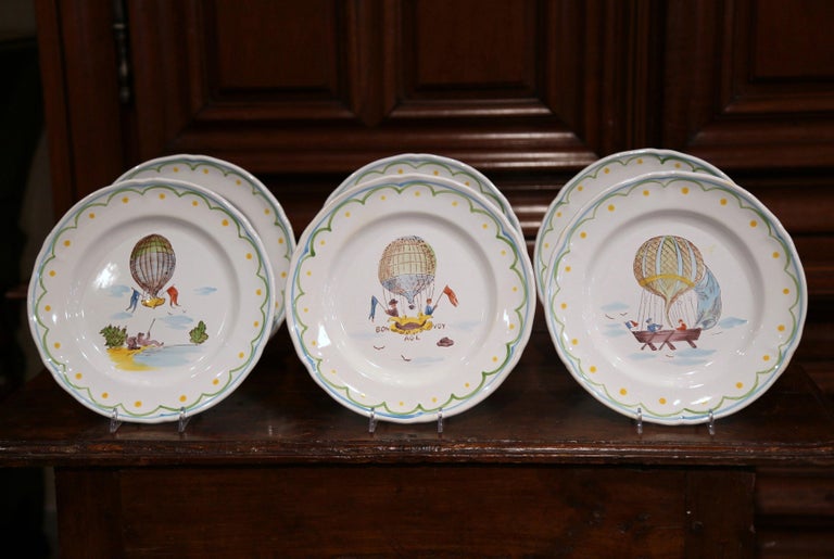 Set Of Six French Hand Painted Ceramic Hot Air Balloon Plates From