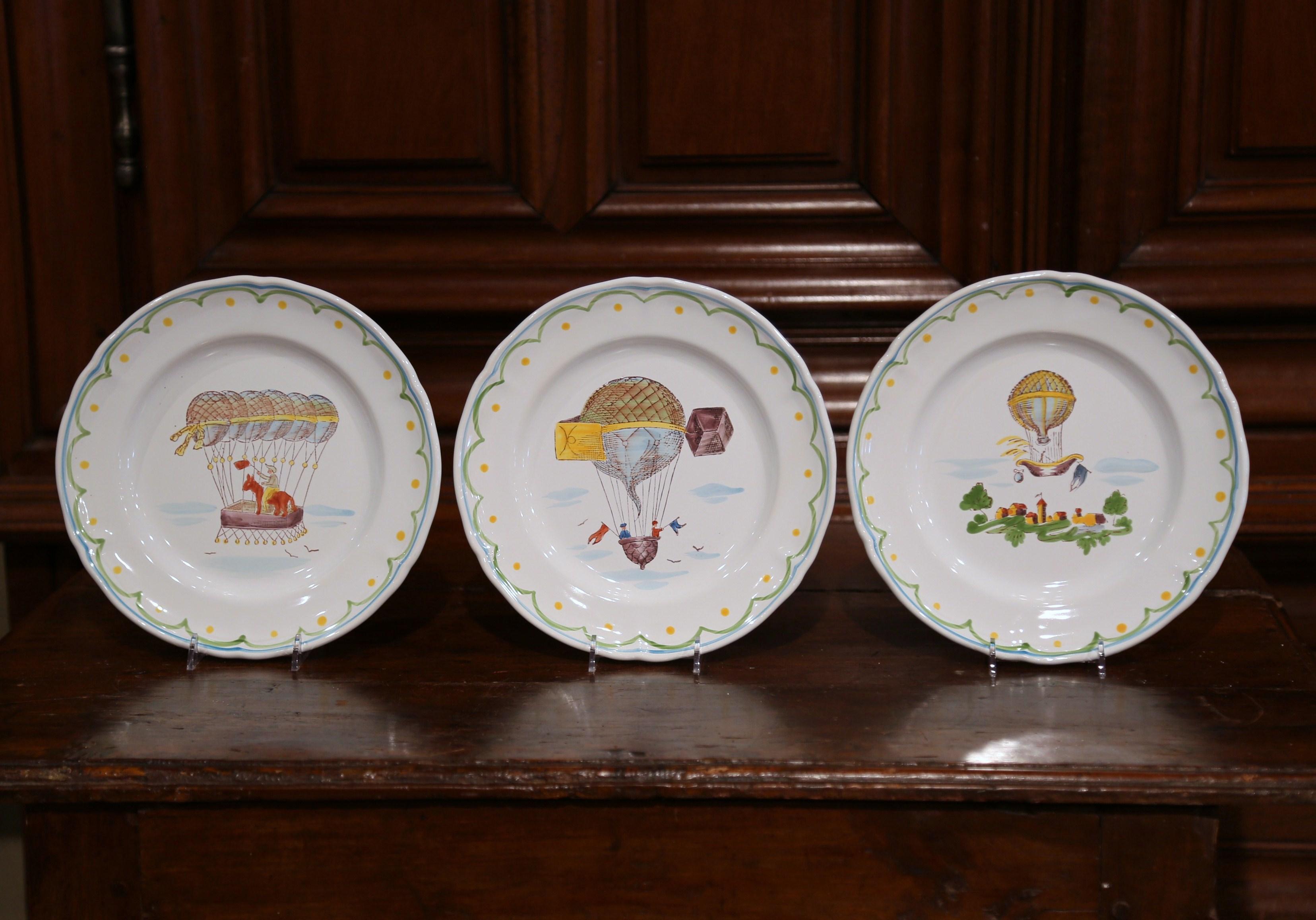 Hand-Painted Set of Six French Hand Painted Ceramic Hot Air Balloon Plates from Brittany