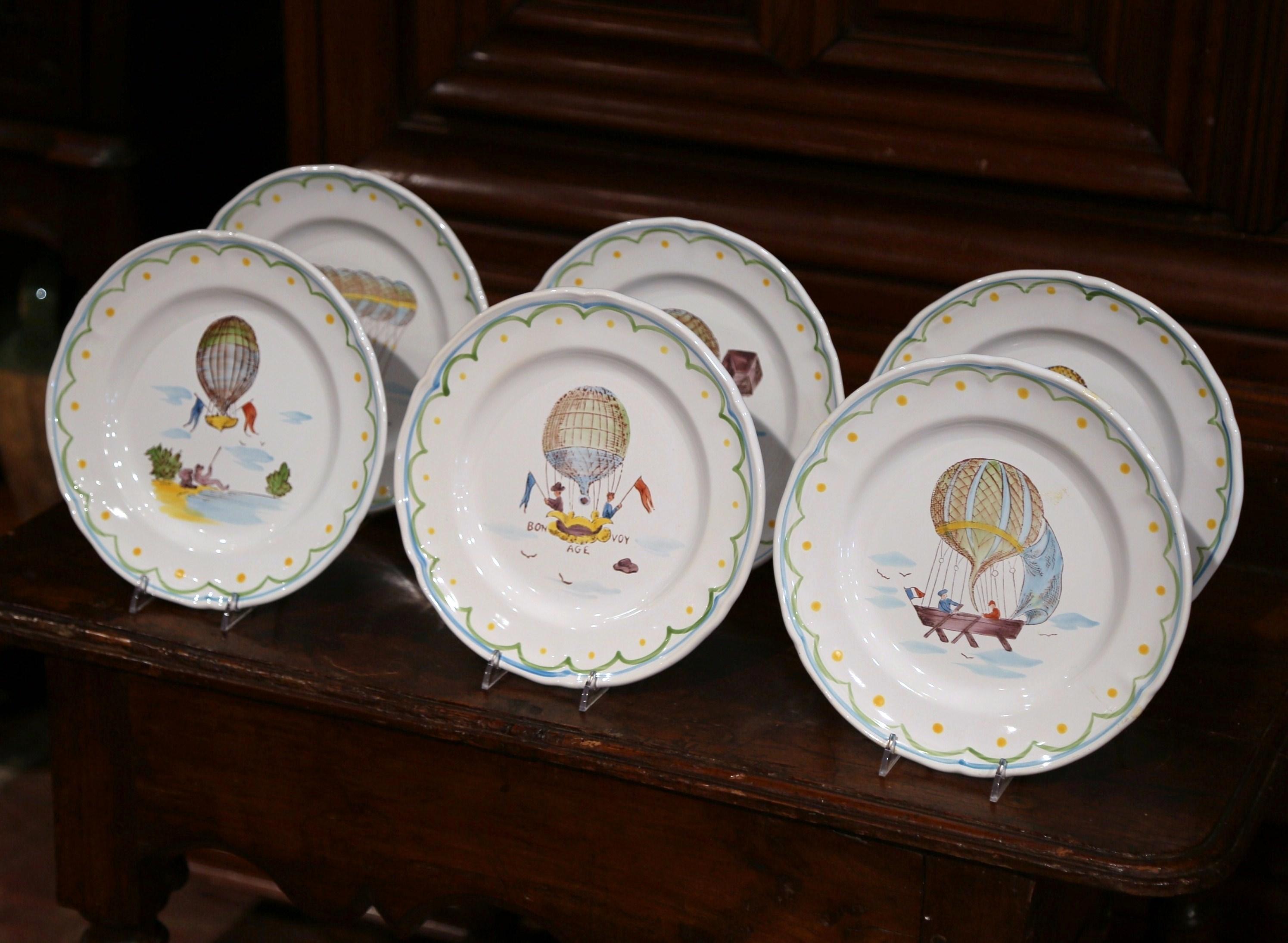 Set of Six French Hand-Painted Ceramic Hot Air Balloon Plates from Brittany In Excellent Condition In Dallas, TX
