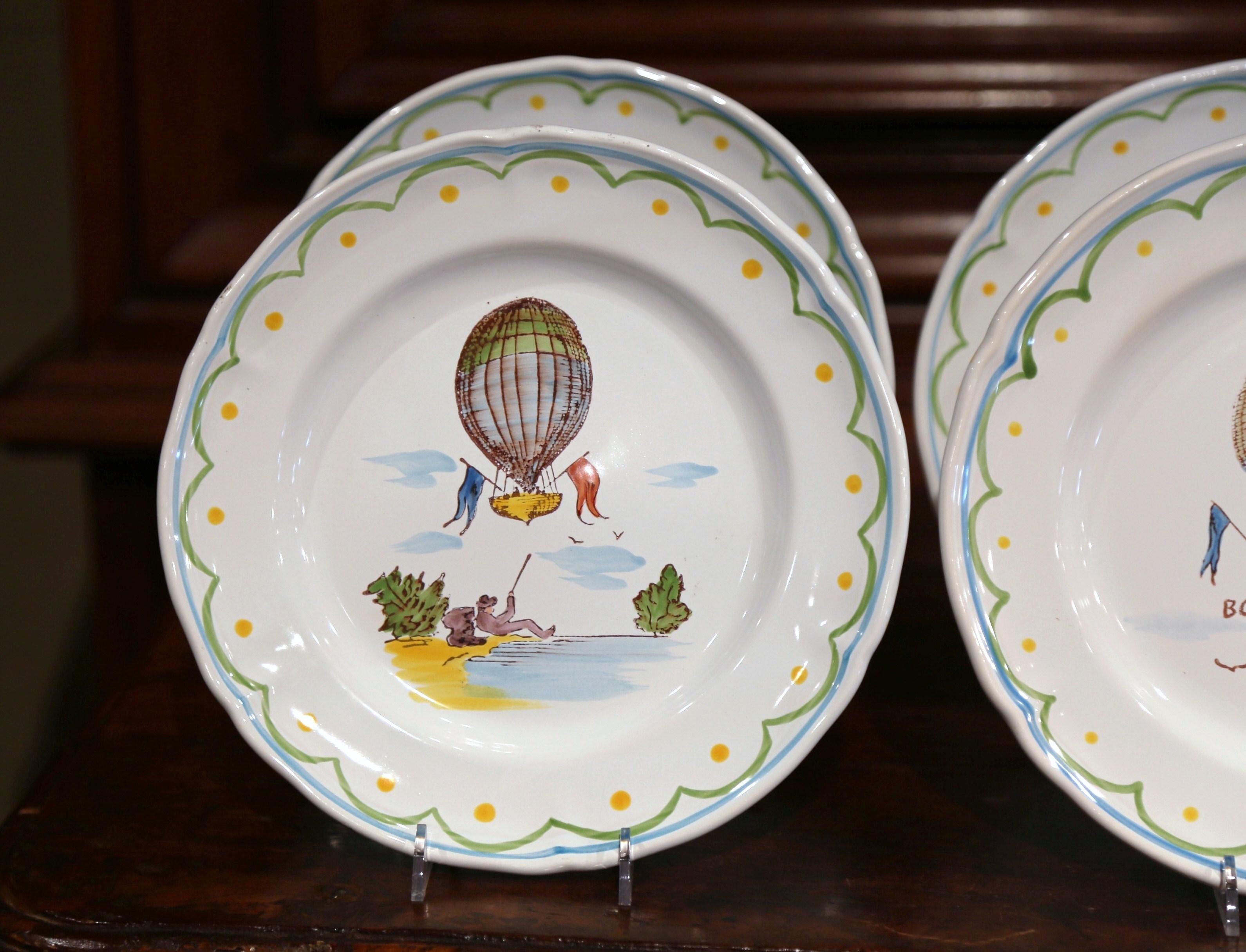 Set of Six French Hand Painted Ceramic Hot Air Balloon Plates from Brittany 1