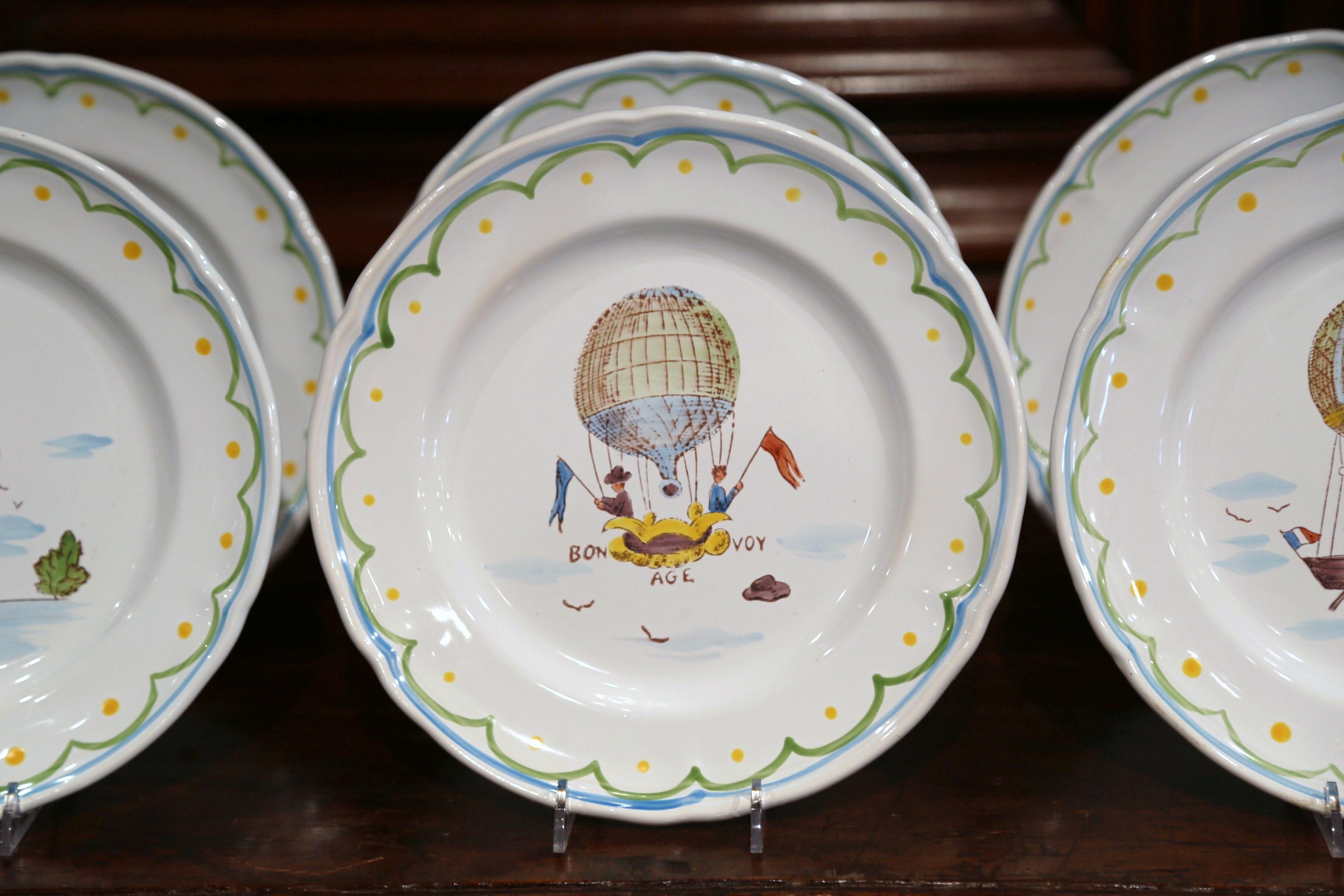 Set of Six French Hand-Painted Ceramic Hot Air Balloon Plates from Brittany 1