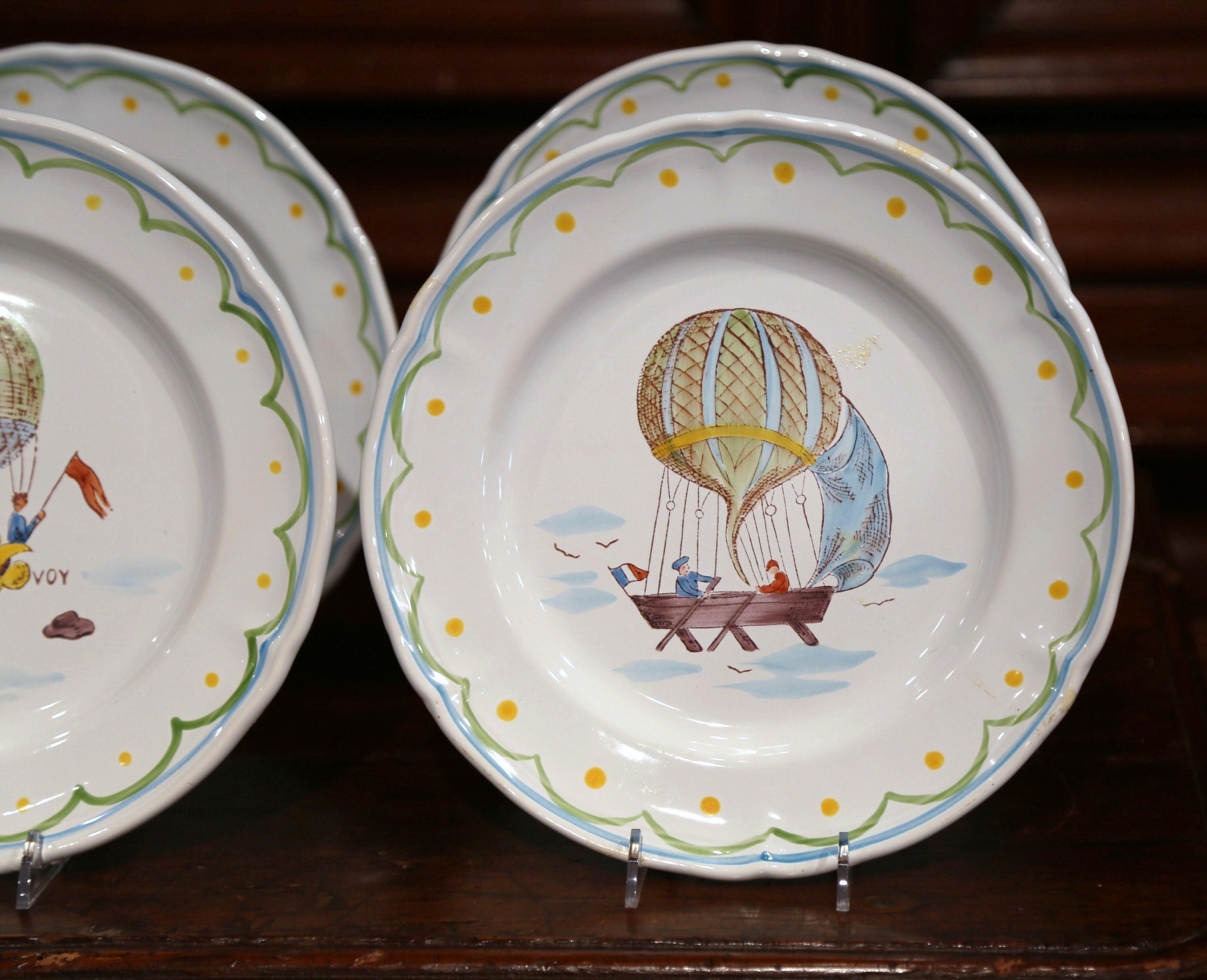 Set of Six French Hand Painted Ceramic Hot Air Balloon Plates from Brittany 3