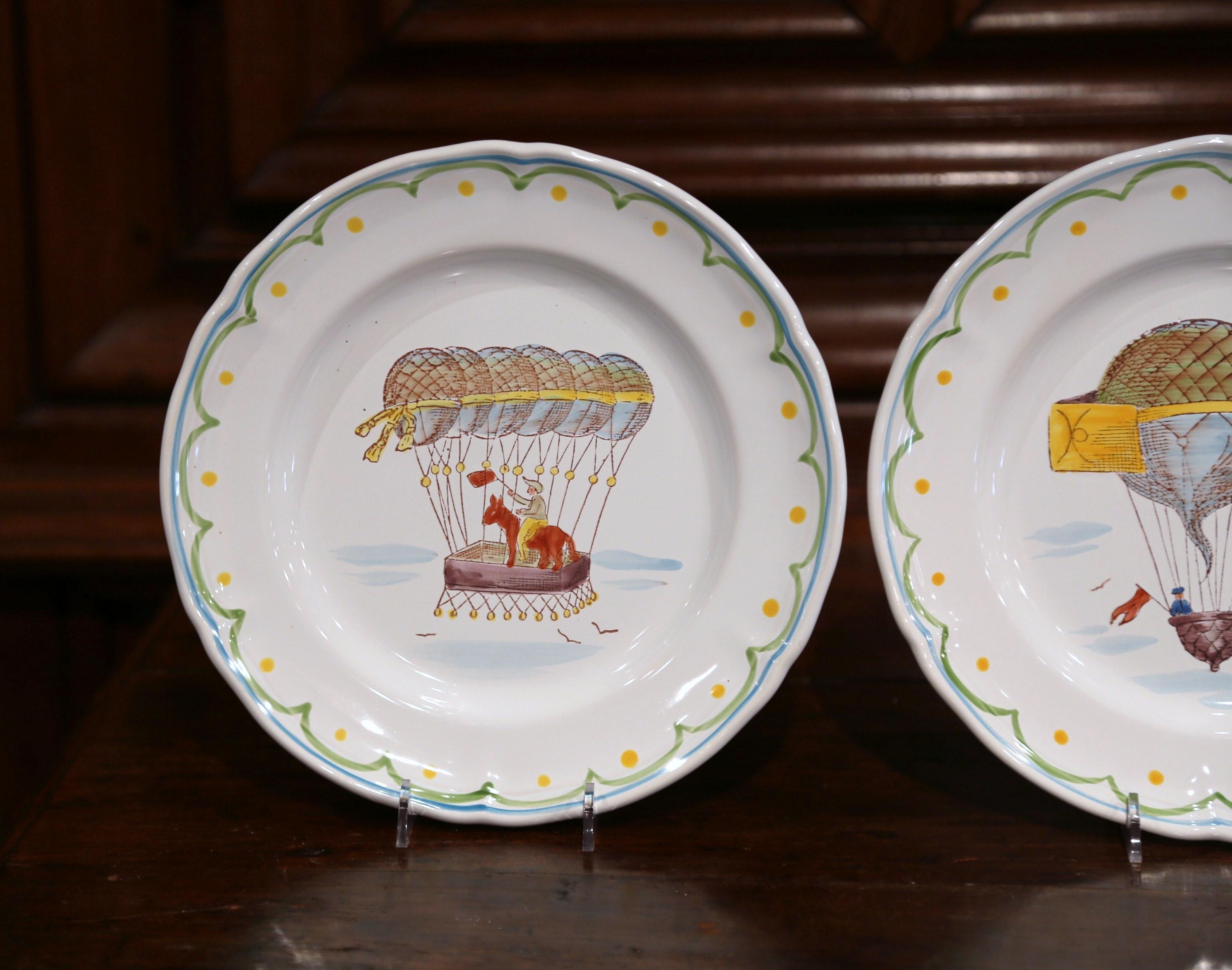 Set of Six French Hand-Painted Ceramic Hot Air Balloon Plates from Brittany 3