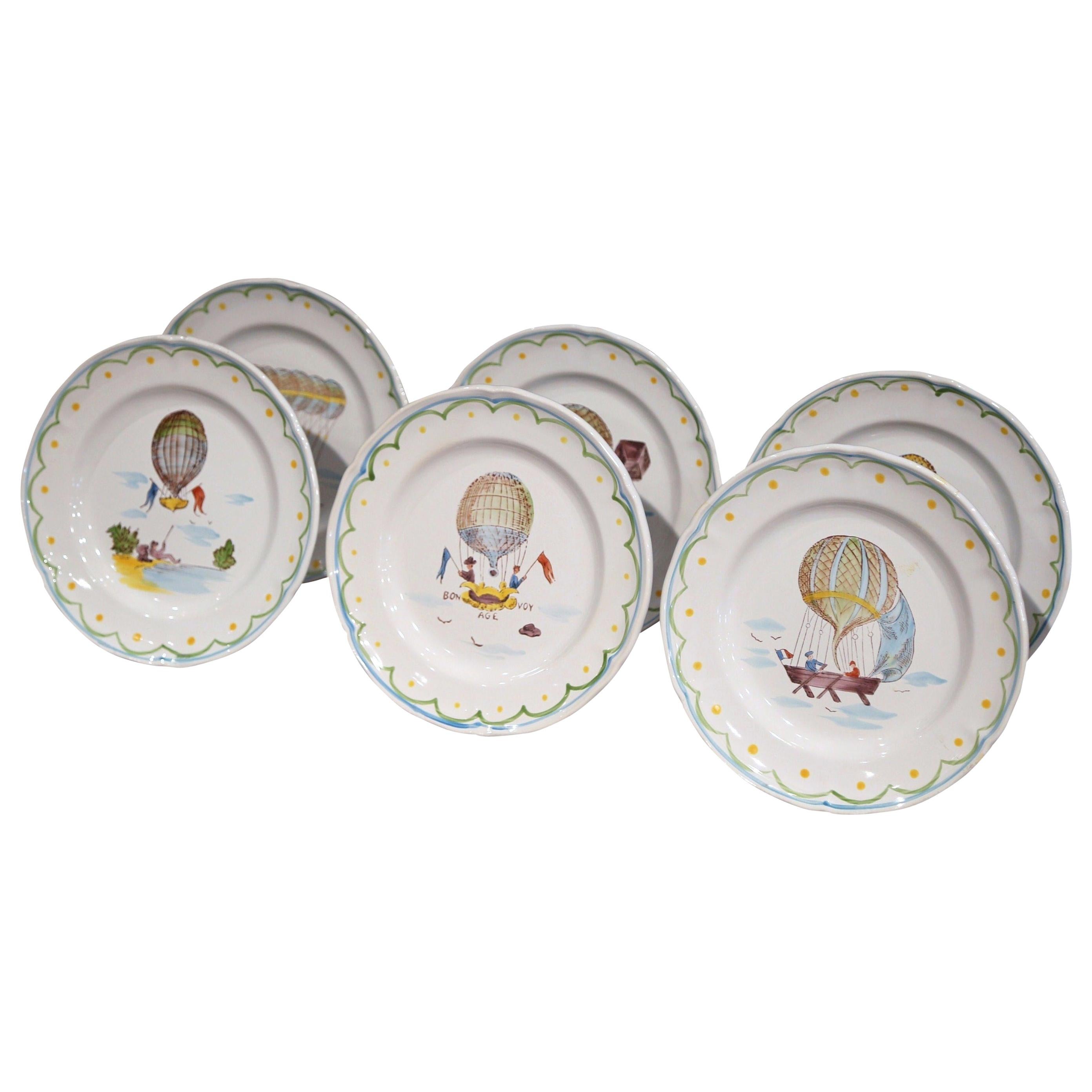 Set of Six French Hand Painted Ceramic Hot Air Balloon Plates from Brittany