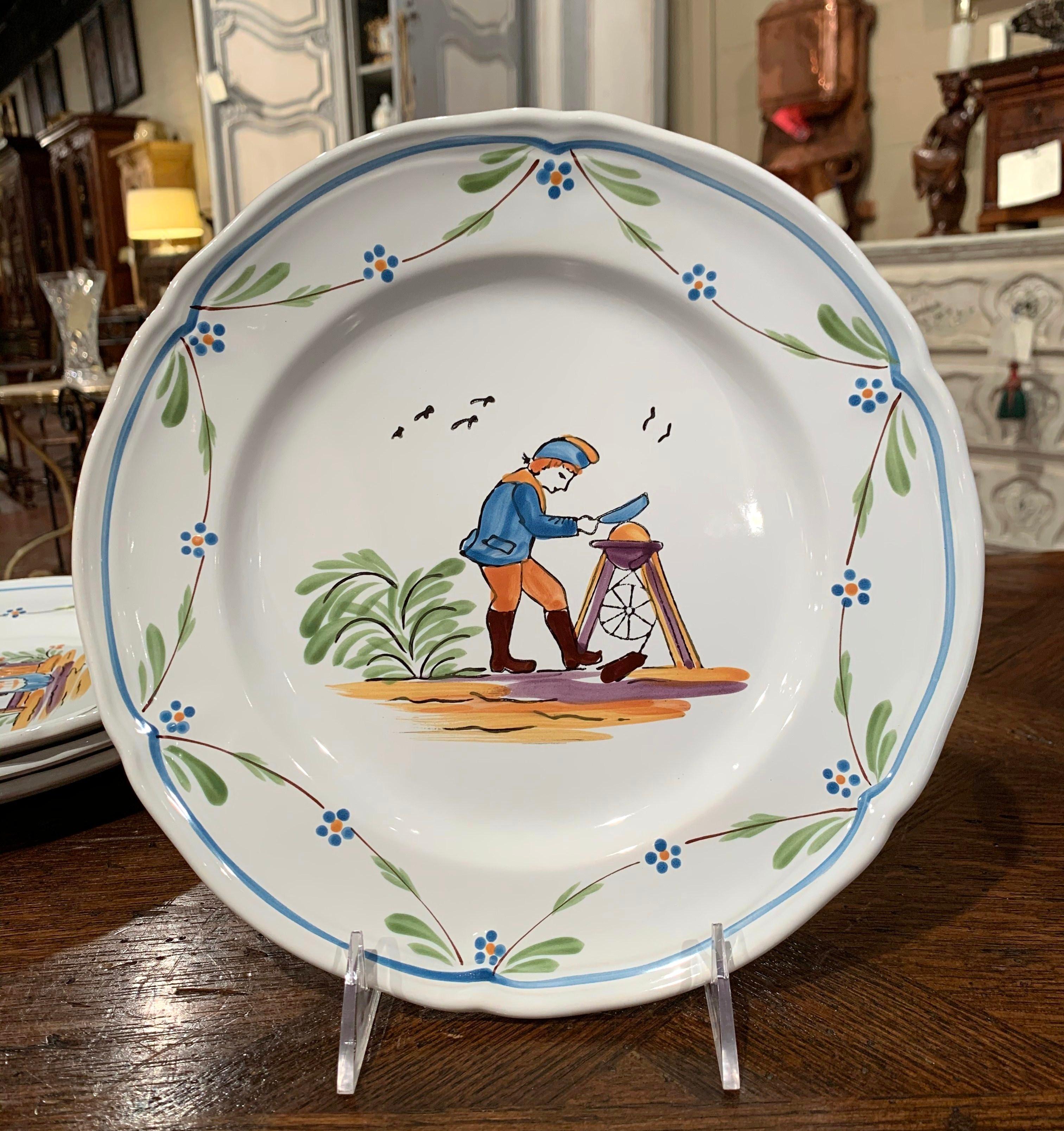 Set of Six French Hand Painted Ceramic Plates from Brittany In Excellent Condition In Dallas, TX