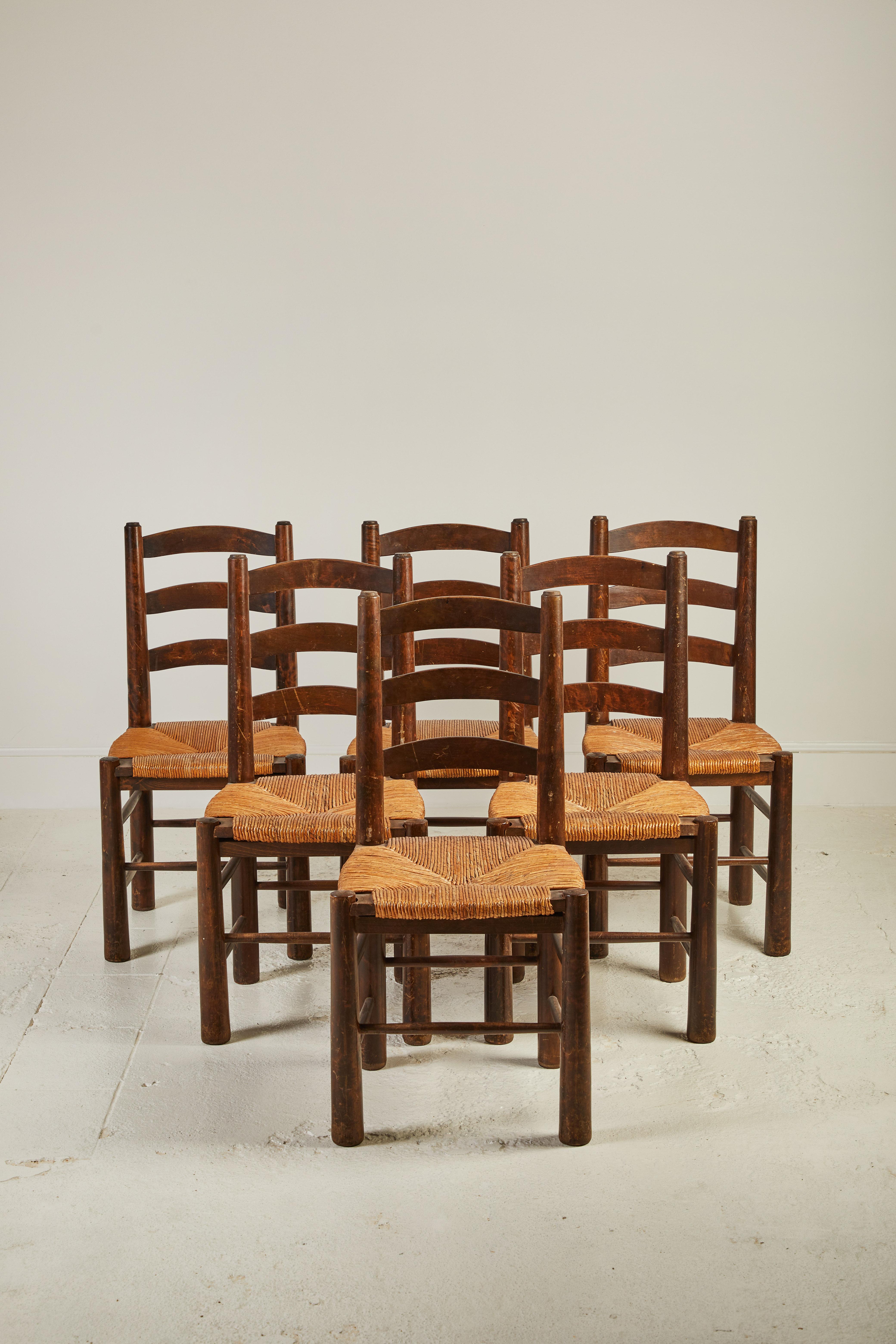 Set of Six French Ladder Back and Rush Seat Dining Chairs In Good Condition In Los Angeles, CA