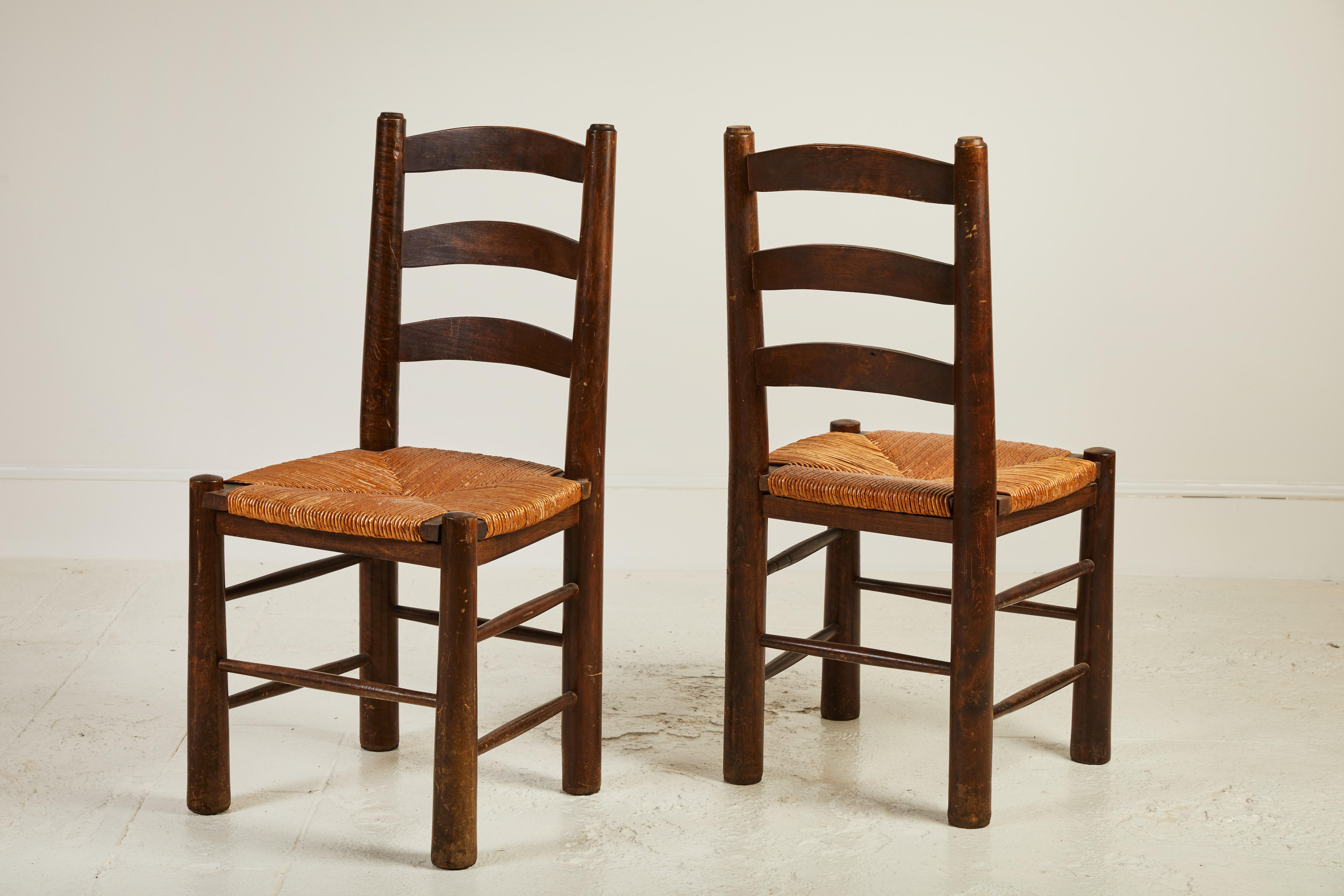 20th Century Set of Six French Ladder Back and Rush Seat Dining Chairs