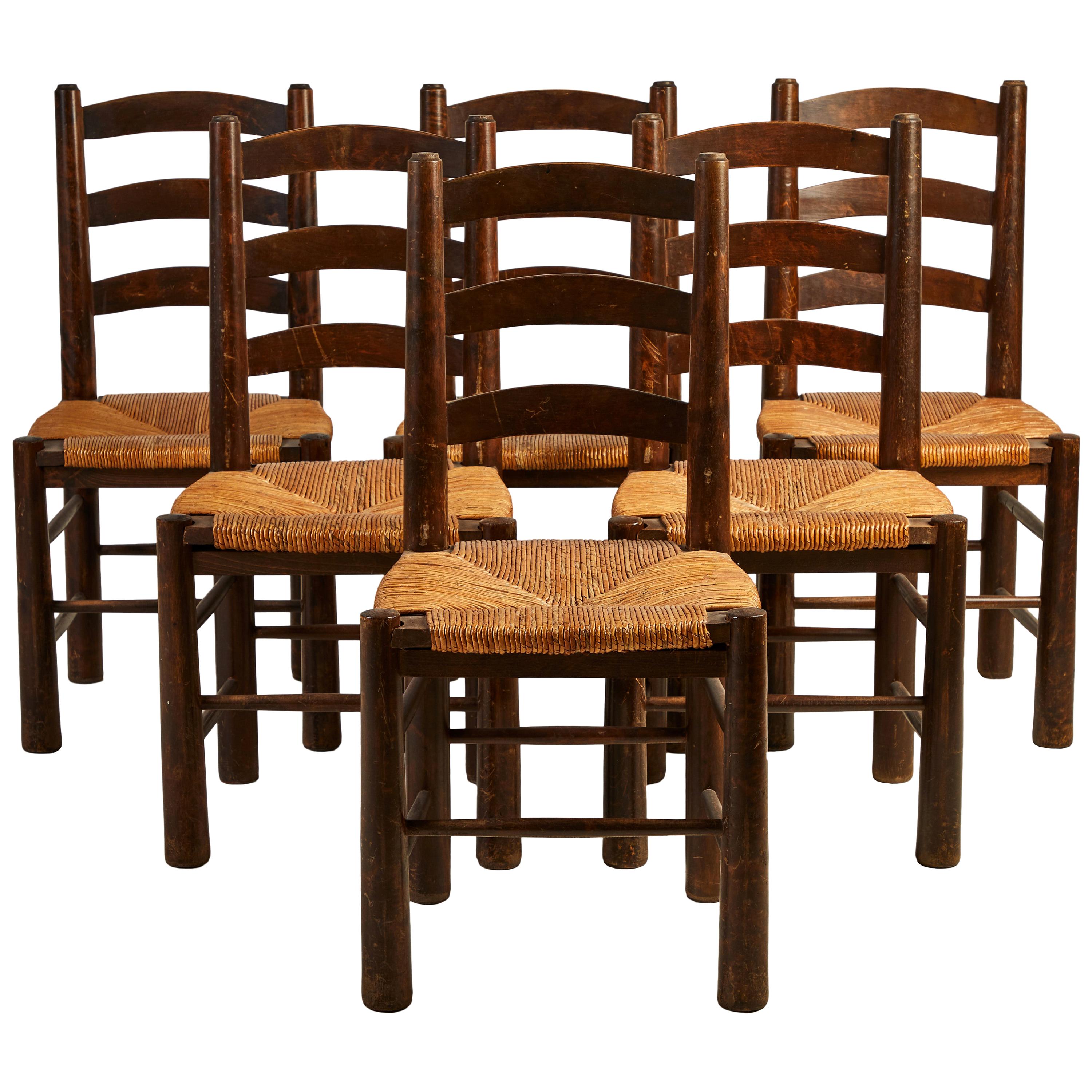 Set of Six French Ladder Back and Rush Seat Dining Chairs