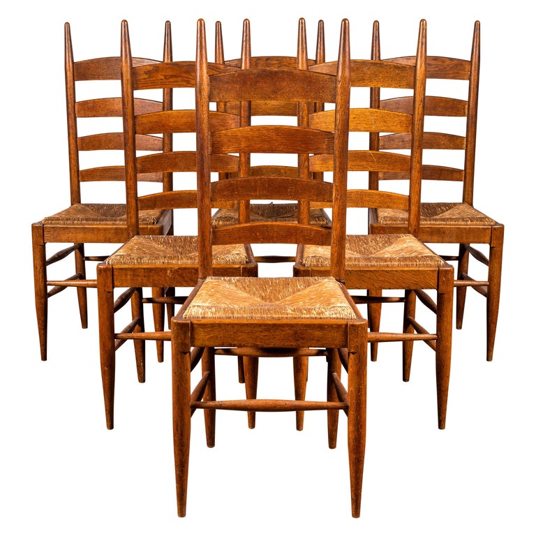 Set Of Six French Ladder Back Dining Chairs With Rush Seat At 1stdibs