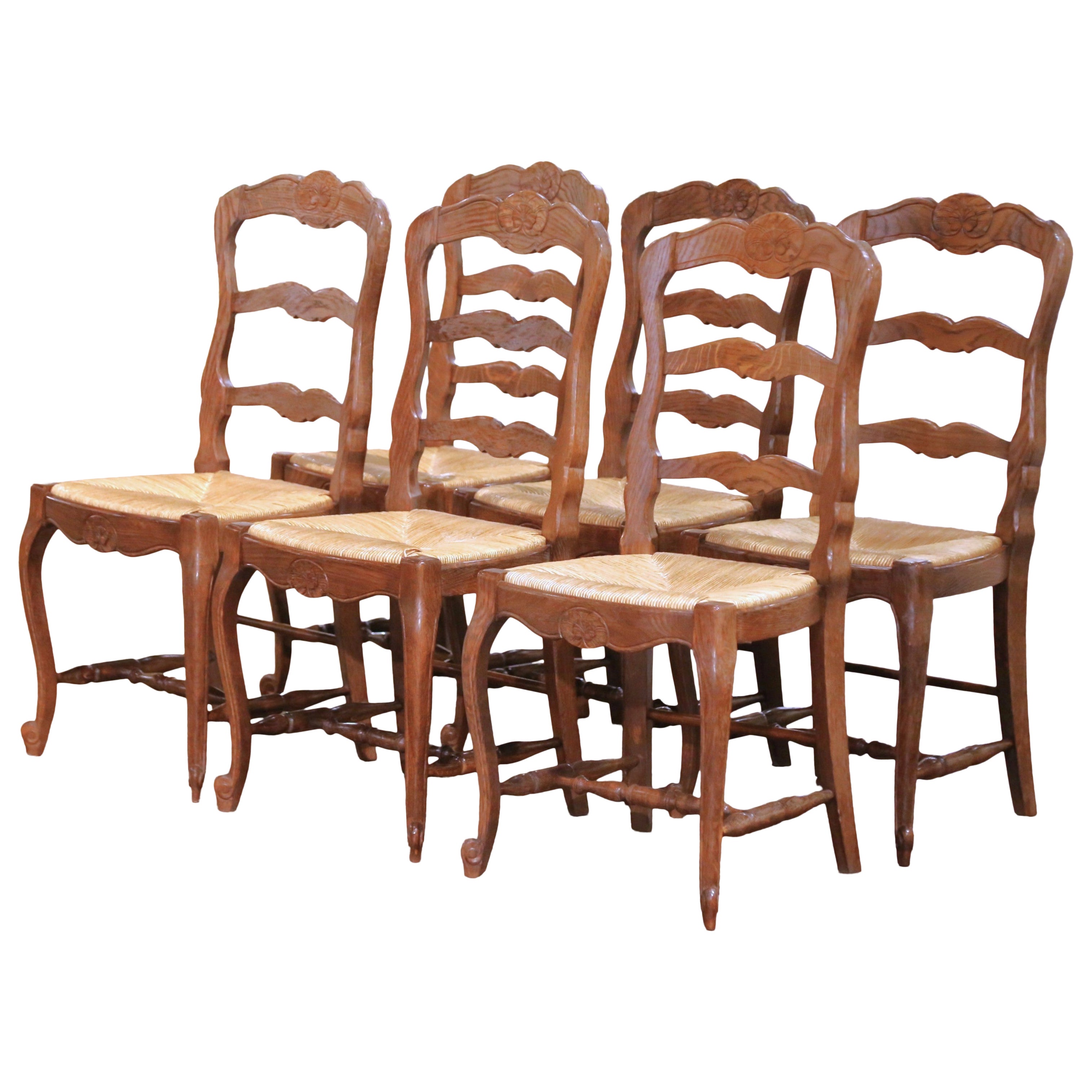 Set of Six French Ladder Back Oak Dining Chairs with Rush Seat from Normandy
