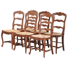 Set of Six French Ladder Back Oak Dining Chairs with Rush Seat from Normandy