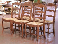 Set of Six French Ladder Back Oak Dining Chairs with Rush Seat from Normandy