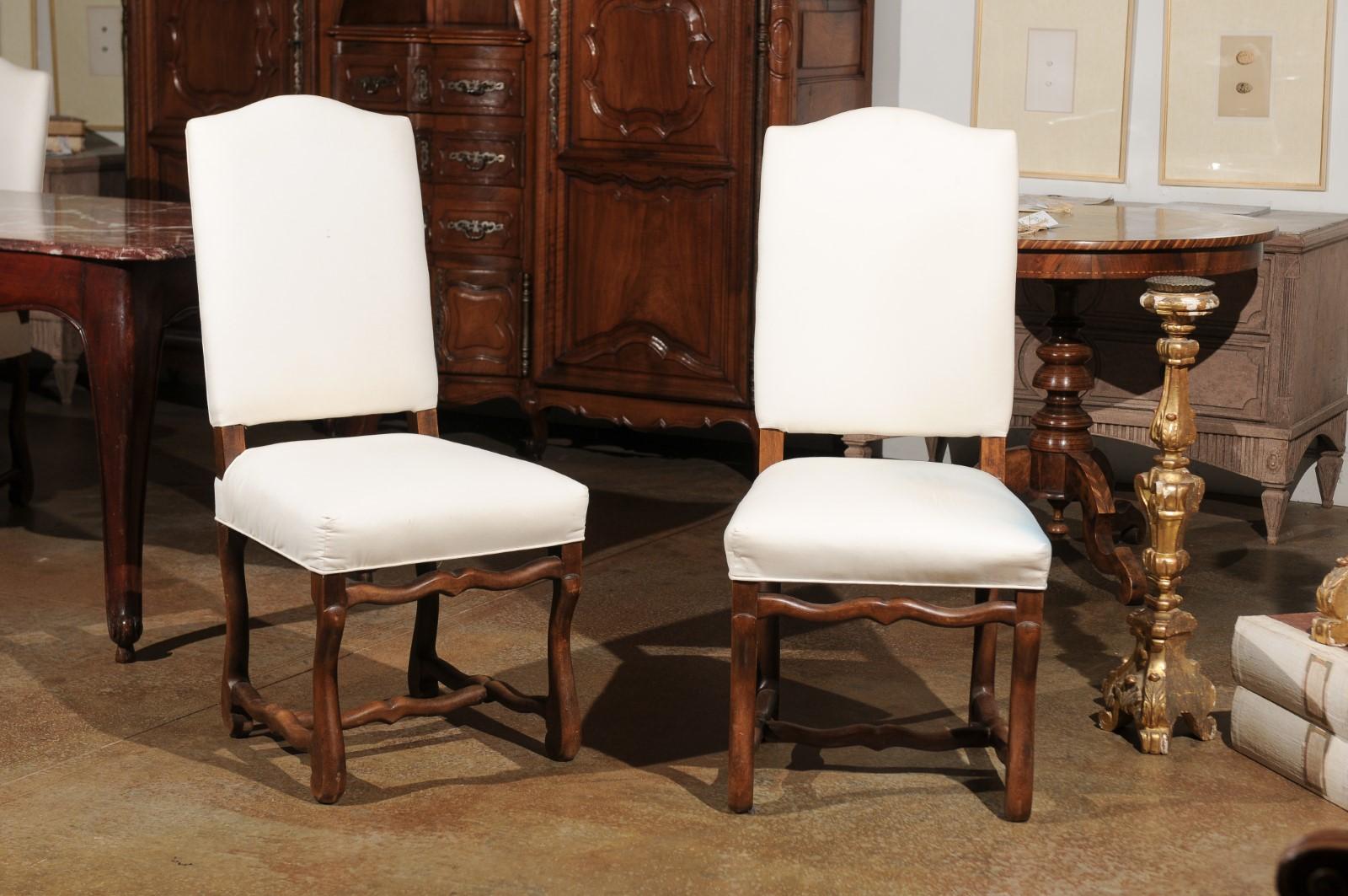 Set of Six French Louis XIII Style Walnut Os de Mouton Upholstered Dining Chairs In Good Condition In Atlanta, GA