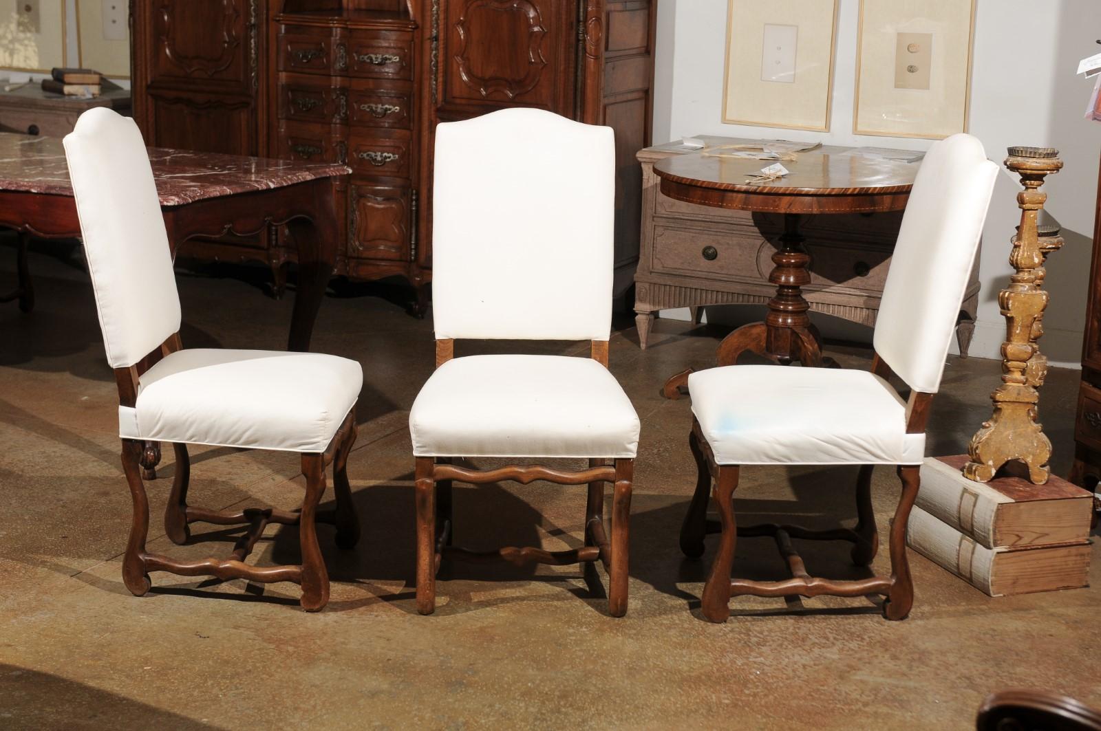 19th Century Set of Six French Louis XIII Style Walnut Os de Mouton Upholstered Dining Chairs