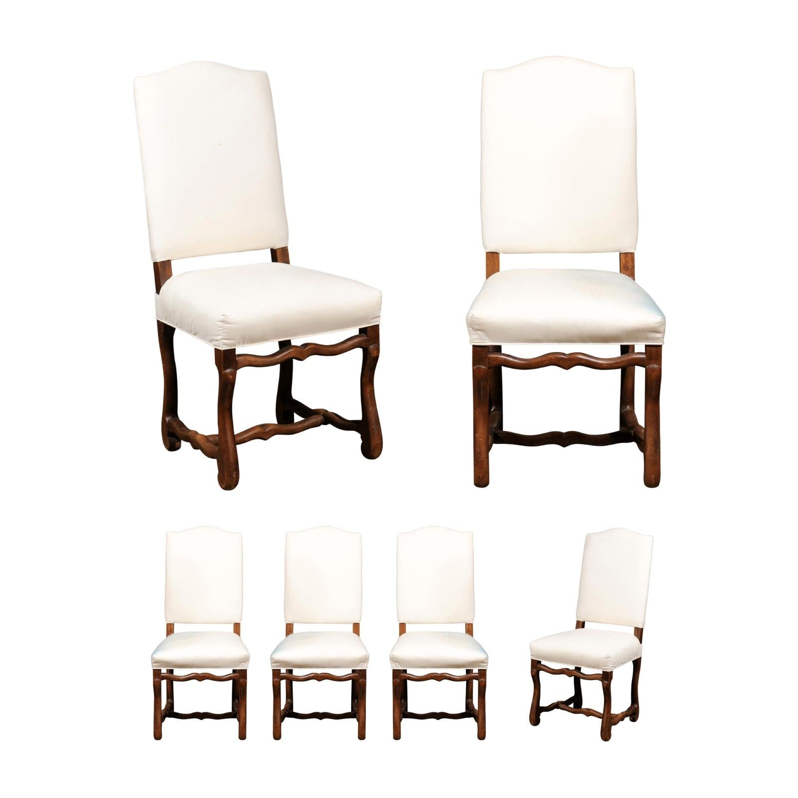 Set of Six French Louis XIII Style Walnut Os de Mouton Upholstered Dining Chairs