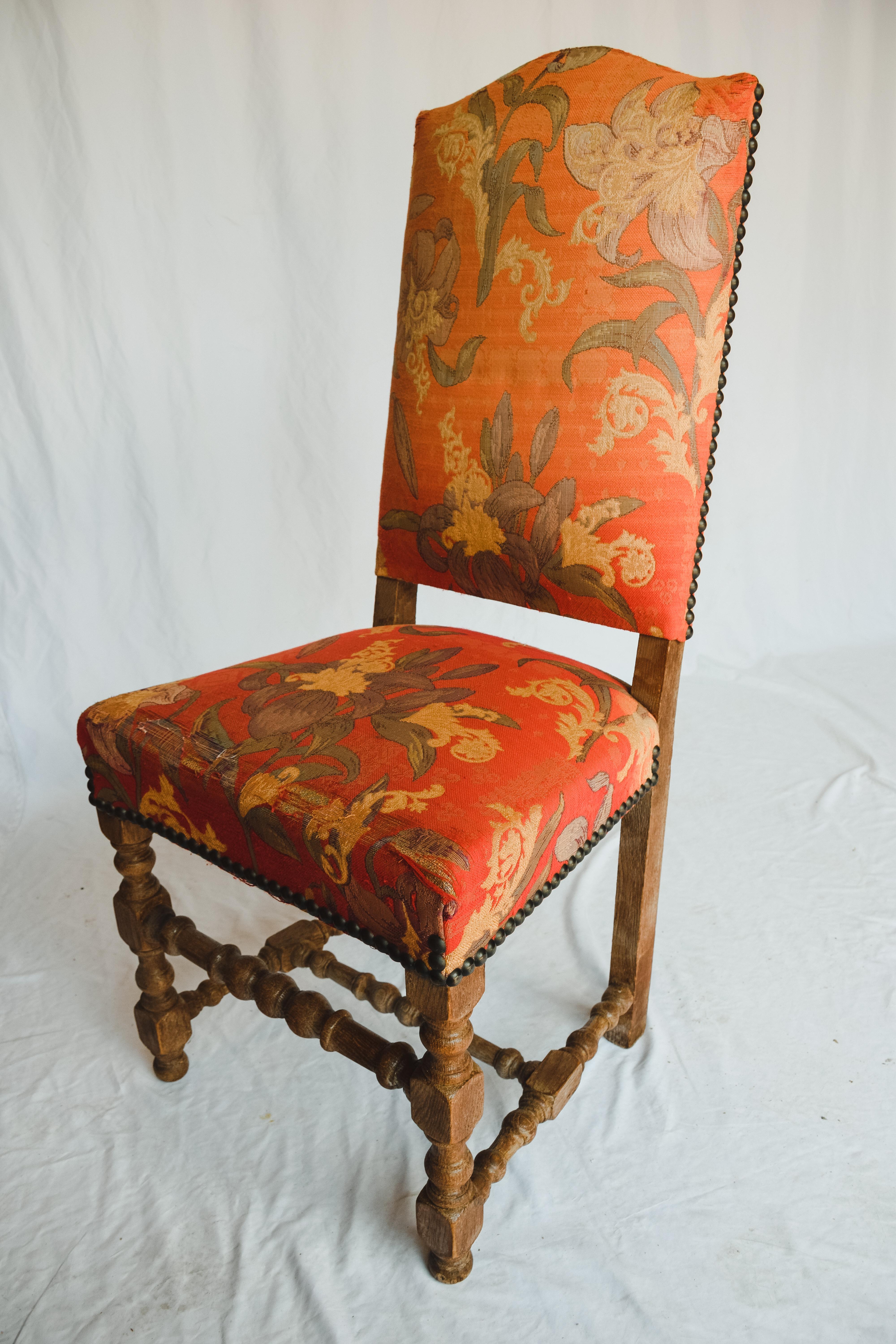 Fabric Set of Six French Louis XIII Walnut Turned Legs Side Chairs For Sale