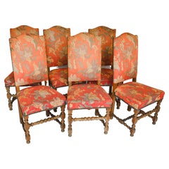 Set of Six French Louis XIII Walnut Turned Legs Side Chairs