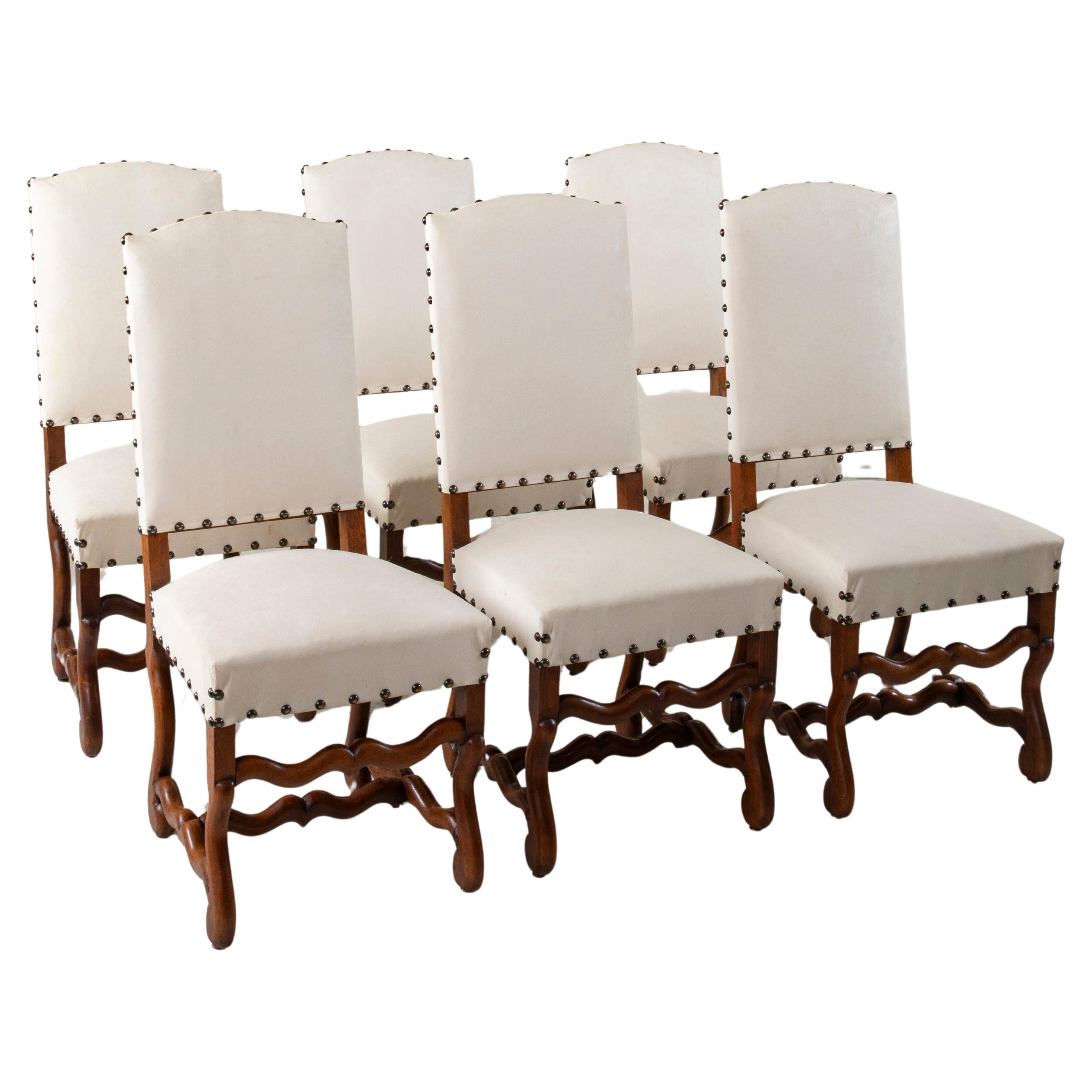 Set of Six French Louis XIV Style Oak Mutton Leg Chairs With Faux Leather