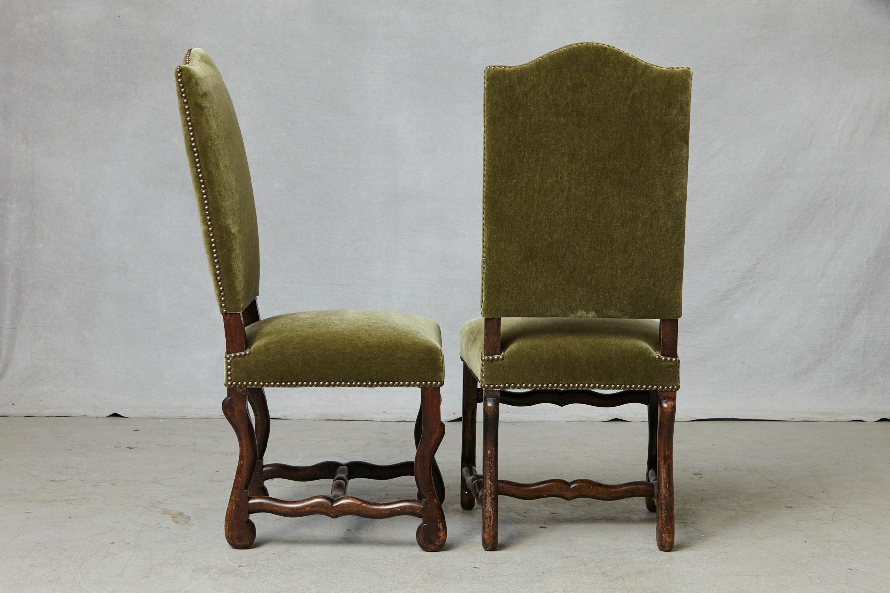 Set of Six French Louis XIV Style Os de Mouton Dining Chairs in Green Mohair 6