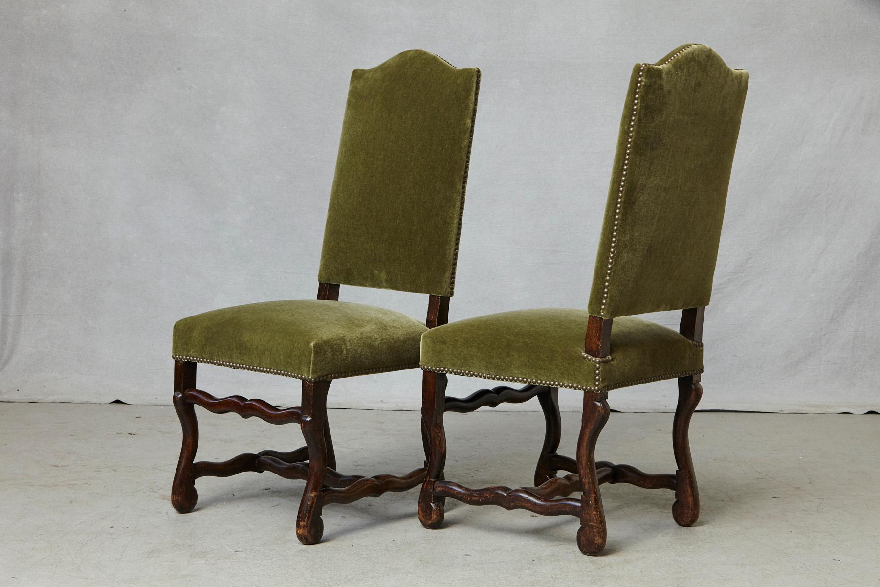 Set of Six French Louis XIV Style Os de Mouton Dining Chairs in Green Mohair 8