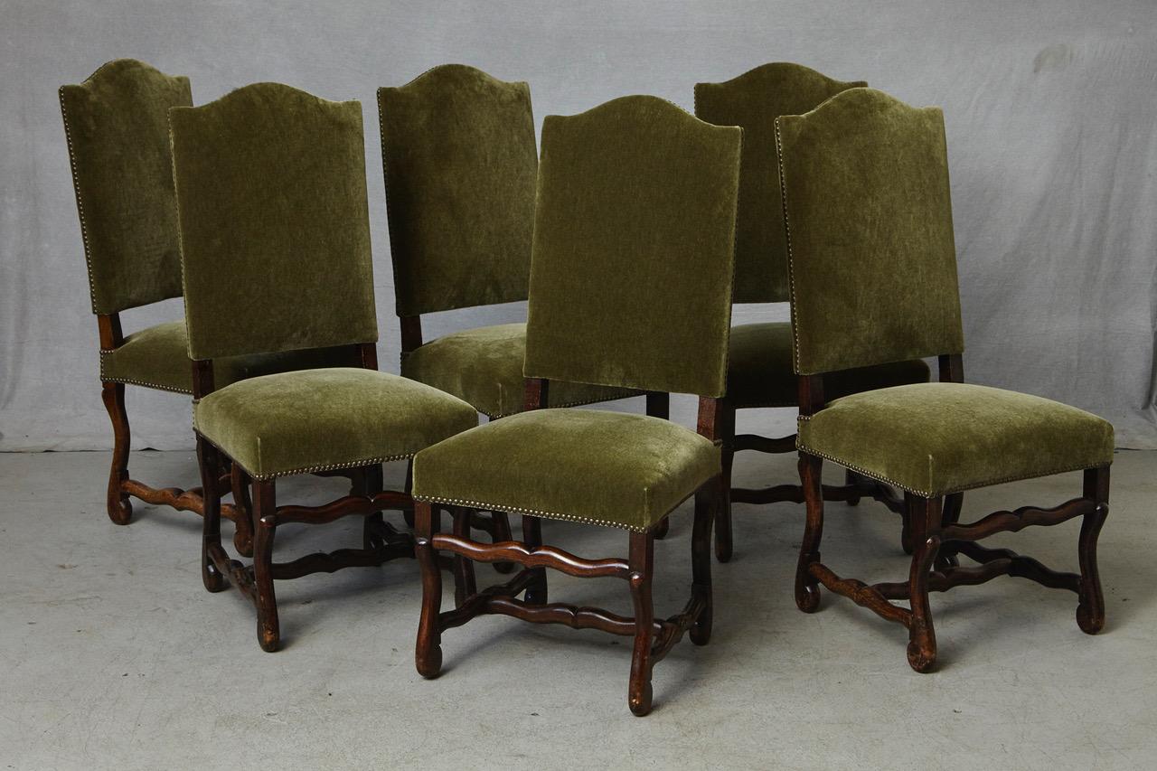 20th Century Set of Six French Louis XIV Style Os de Mouton Dining Chairs in Green Mohair