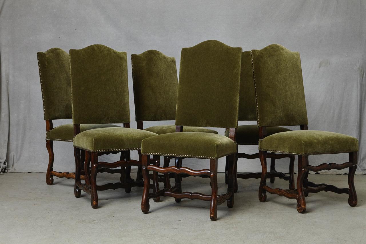 Brass Set of Six French Louis XIV Style Os de Mouton Dining Chairs in Green Mohair