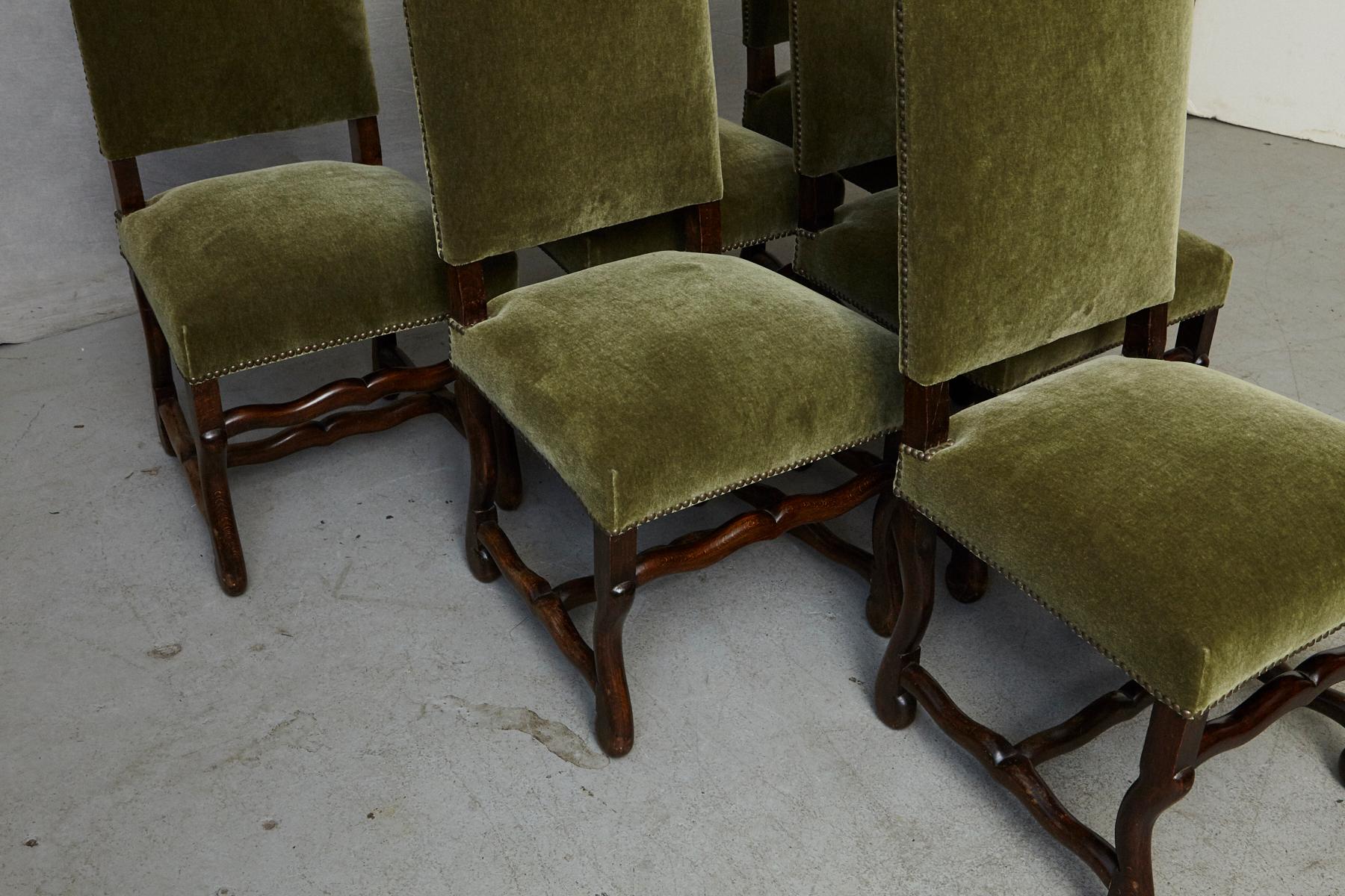 Set of Six French Louis XIV Style Os de Mouton Dining Chairs in Green Mohair 1