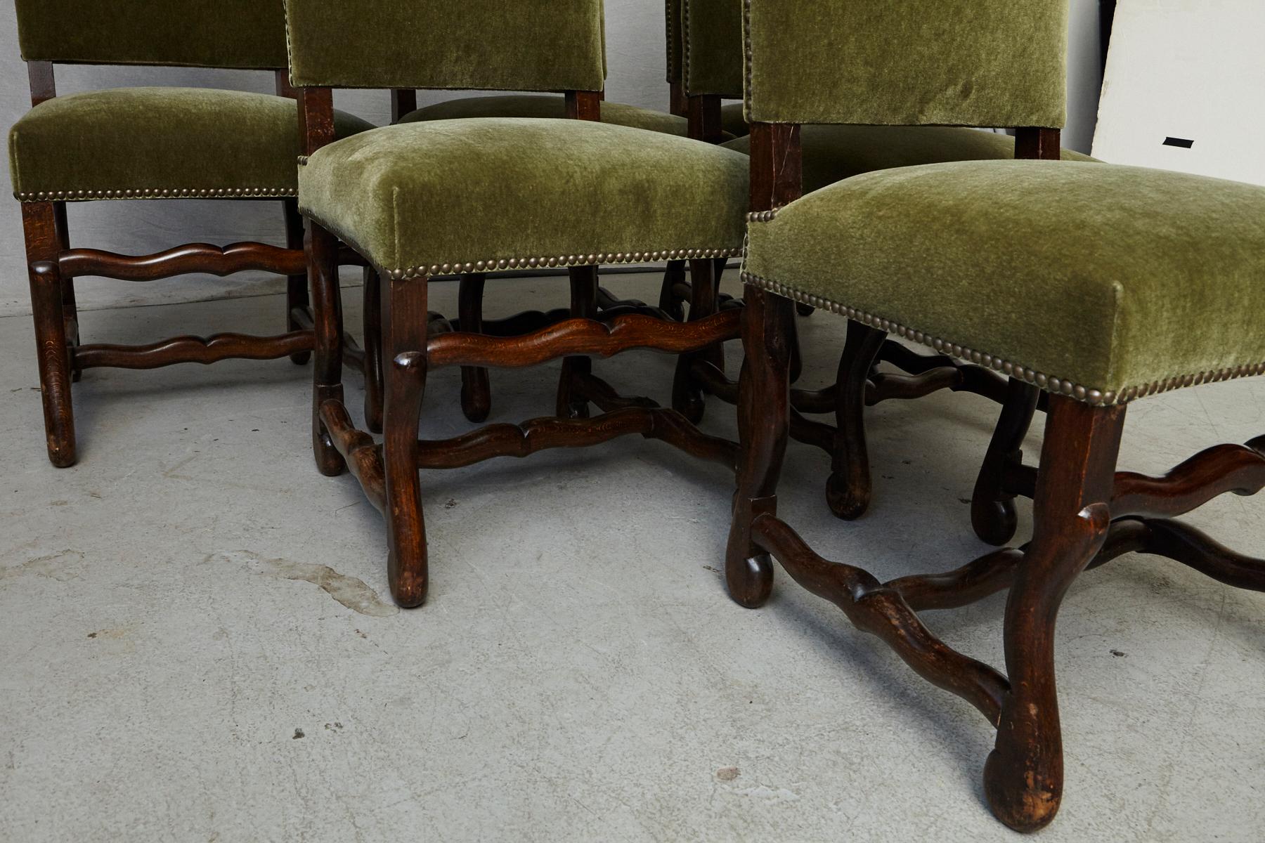 Set of Six French Louis XIV Style Os de Mouton Dining Chairs in Green Mohair 2
