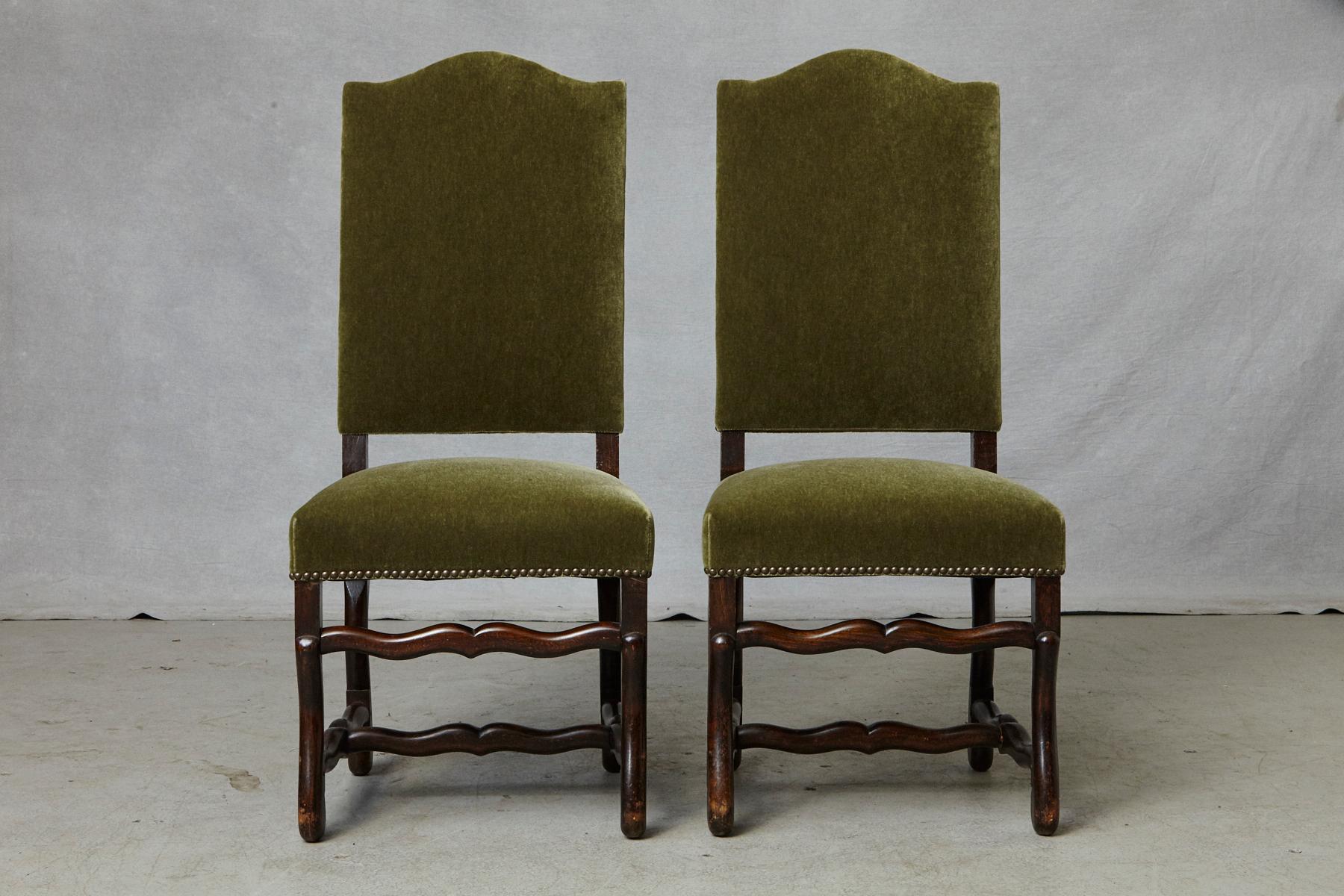 Set of Six French Louis XIV Style Os de Mouton Dining Chairs in Green Mohair 3