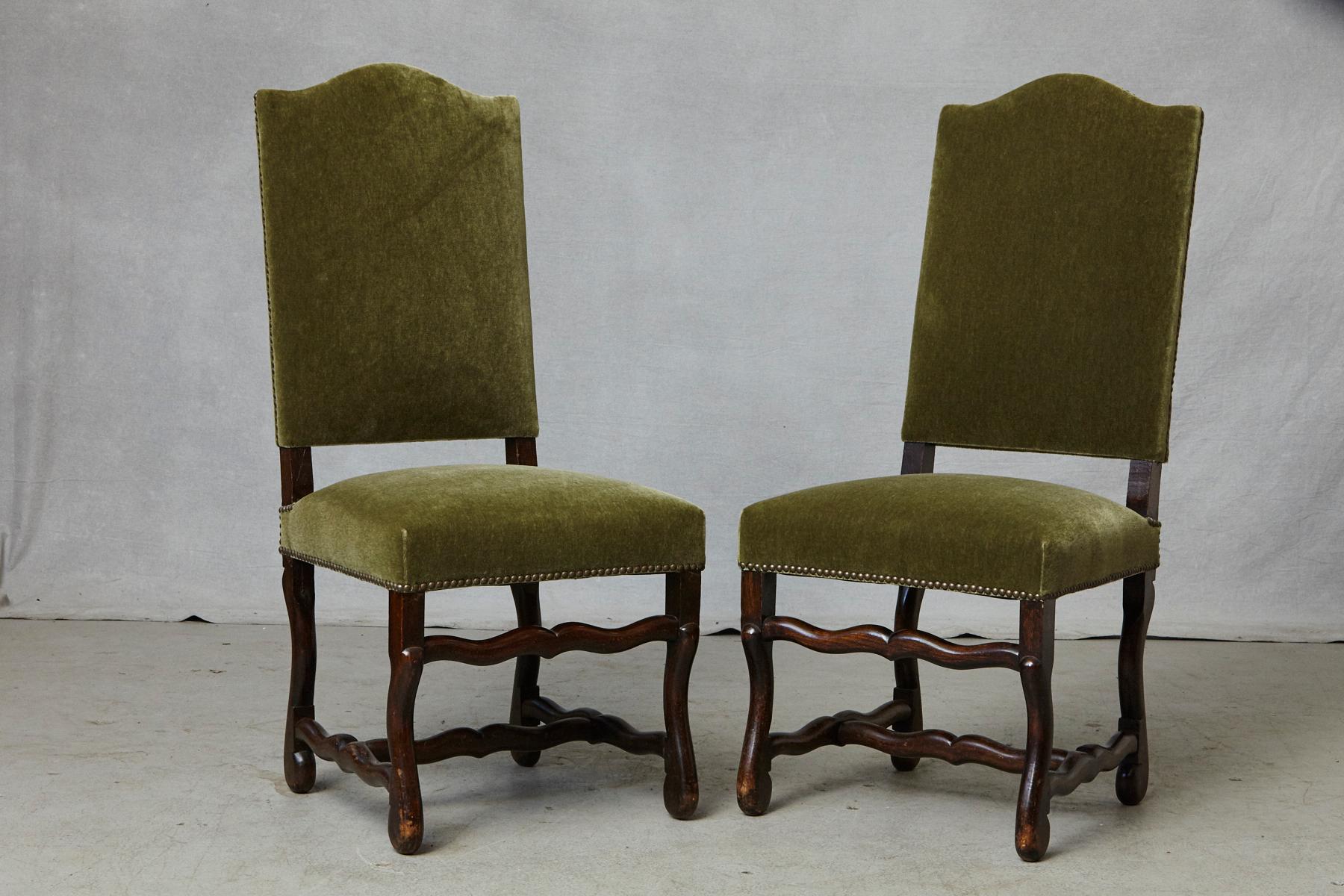 Set of Six French Louis XIV Style Os de Mouton Dining Chairs in Green Mohair 4