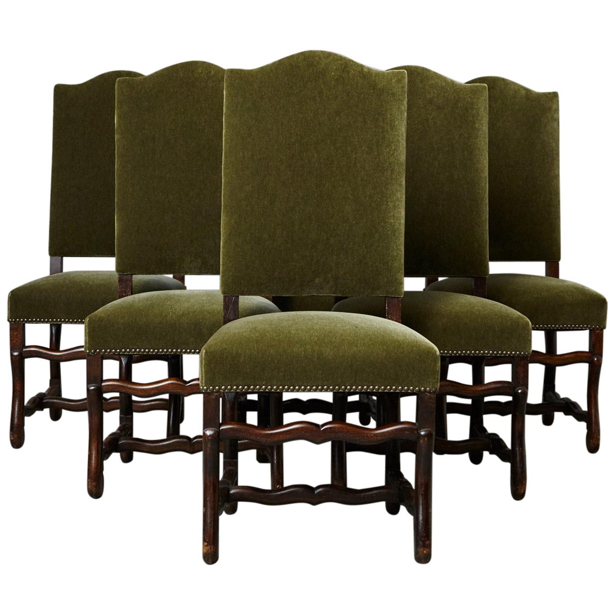Set of Six French Louis XIV Style Os de Mouton Dining Chairs in Green Mohair