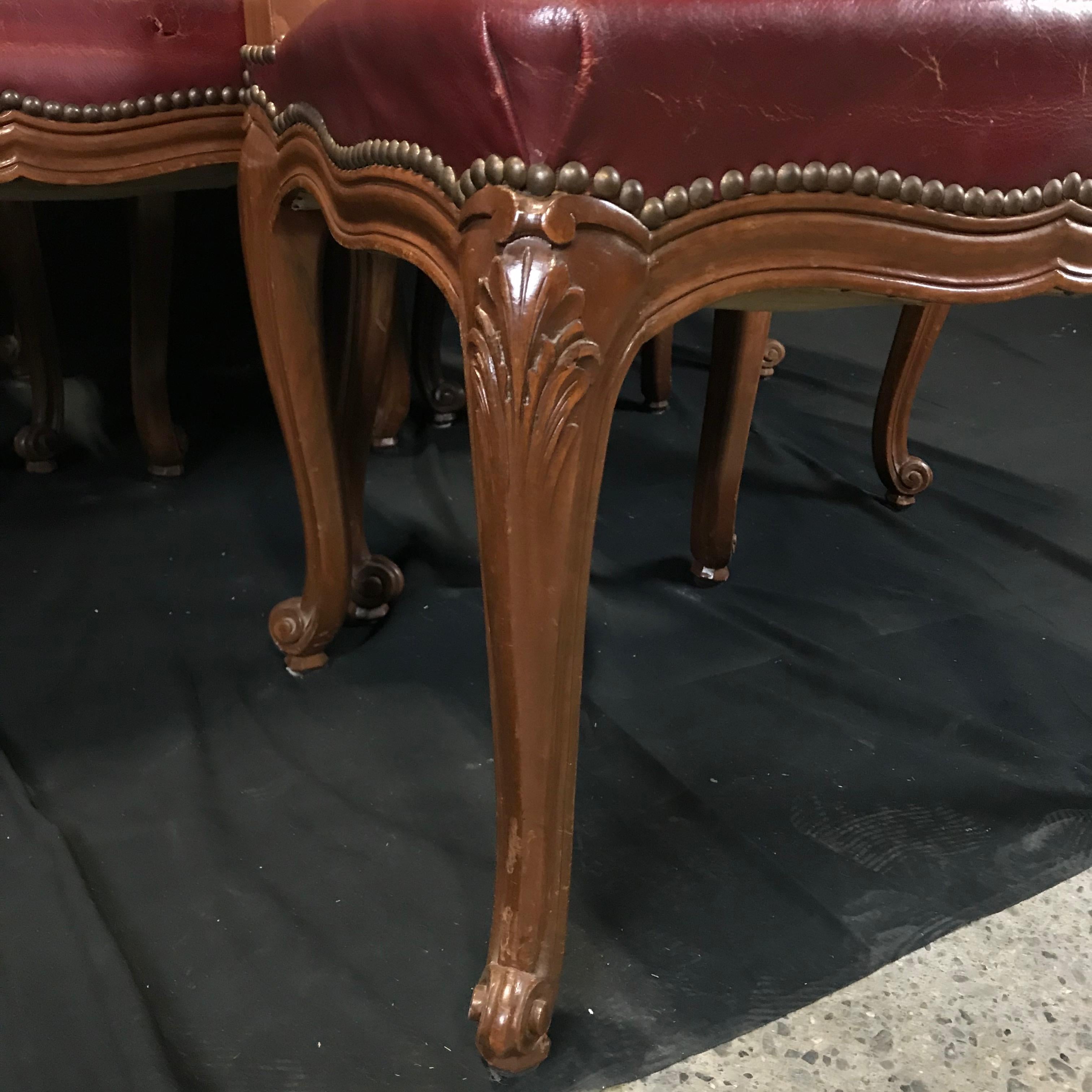 Set of Six French Louis XV Style 19th Century Walnut and Leather Dining Chairs 8