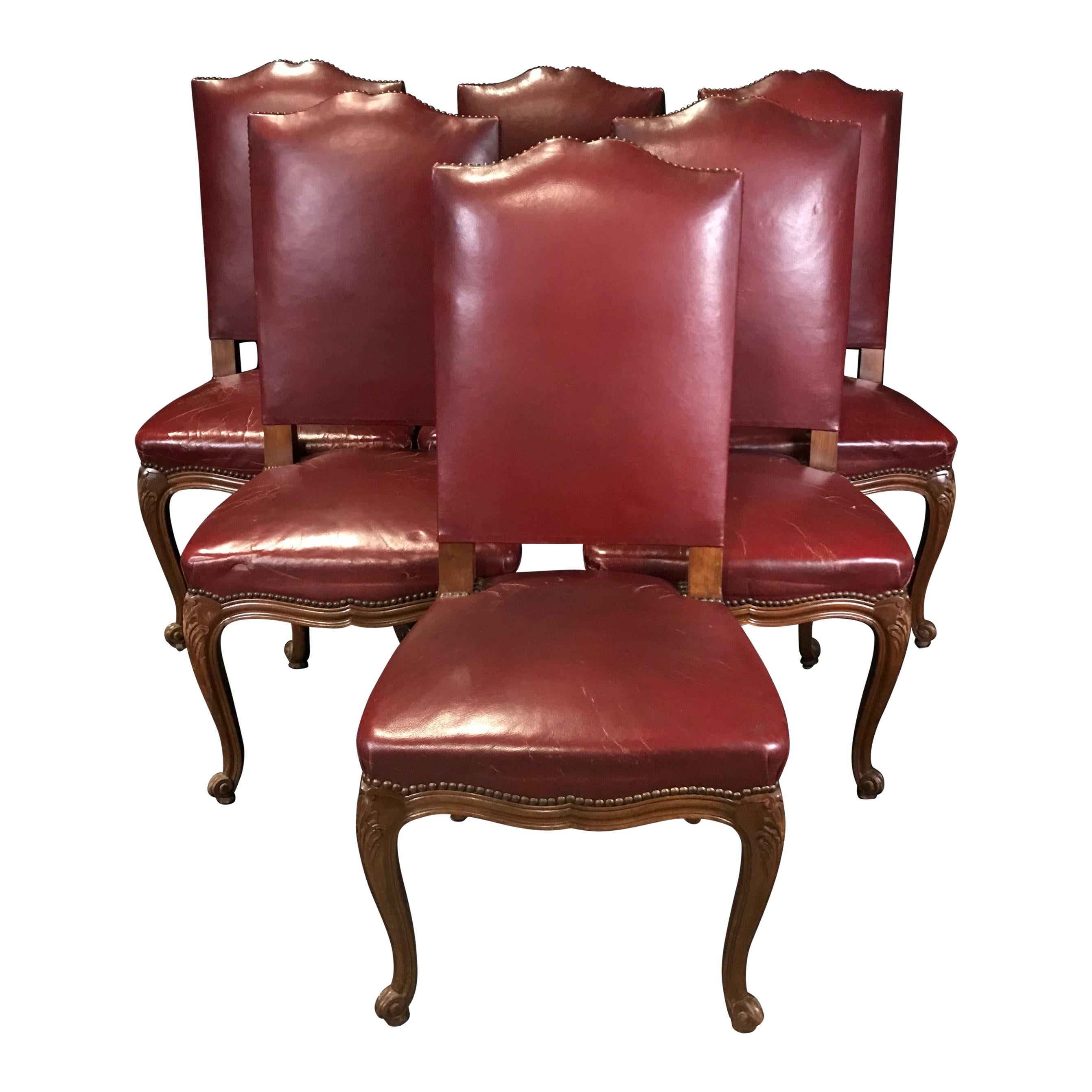 Set of Six French Louis XV Style 19th Century Walnut and Leather Dining Chairs