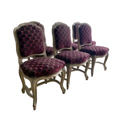 Set of Six French Louis XV Style Painted Dining Chairs in Burgundy Velvet