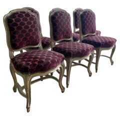 Set of Six French Louis XV Style Painted Dining Chairs in Burgundy Velvet