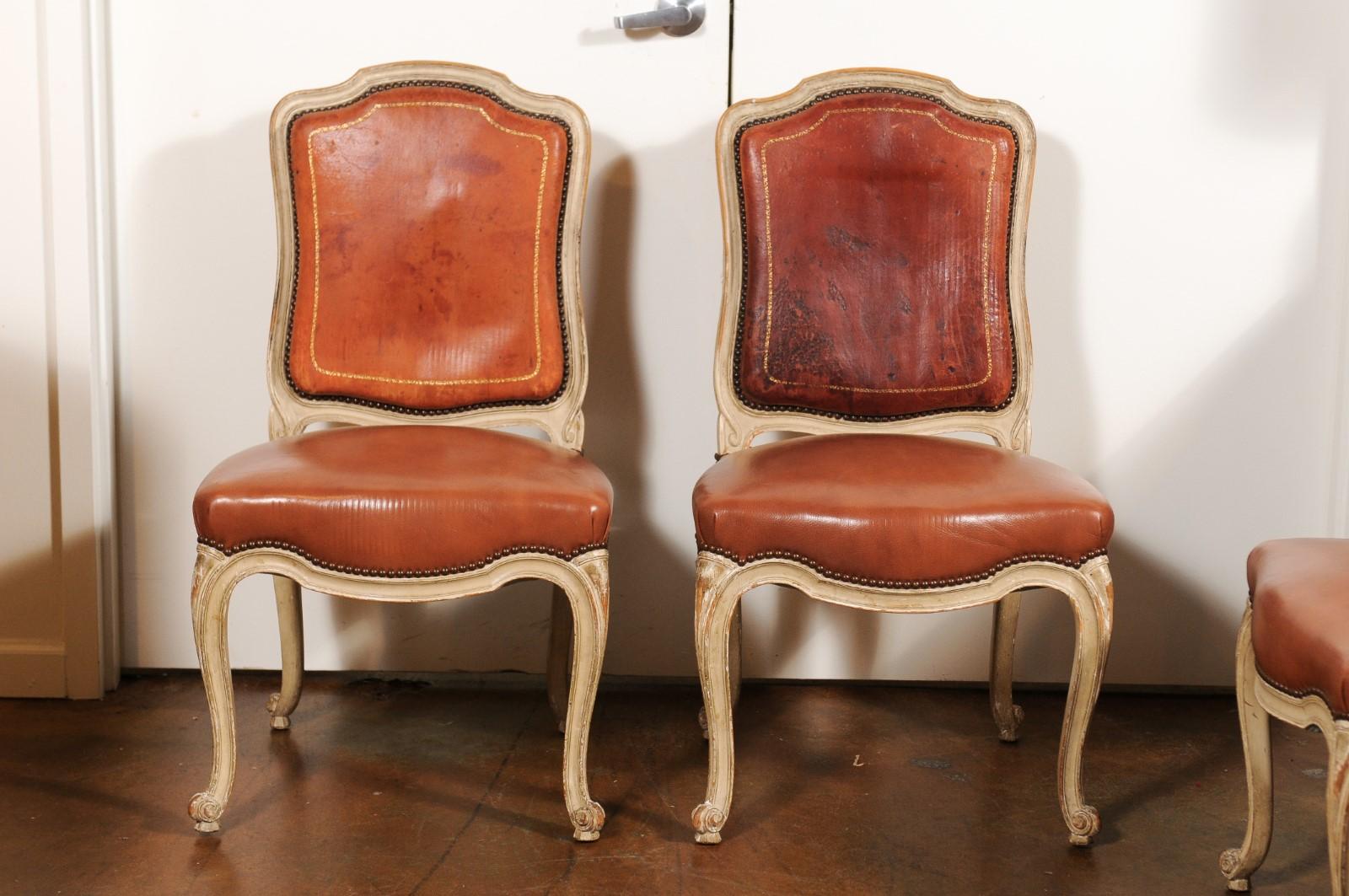 Set of Six French Louis XV Style Shield-Back Dining Chairs with Brown Leather 6